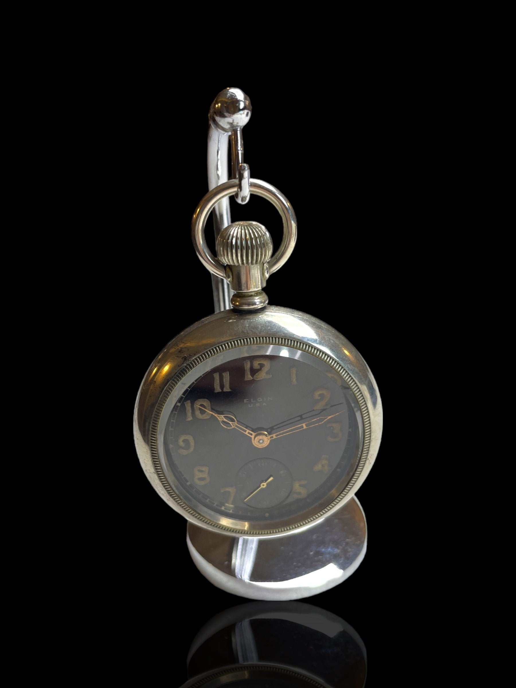 Nickel and Black-faced Elgin Pocket Watch. With Stand.