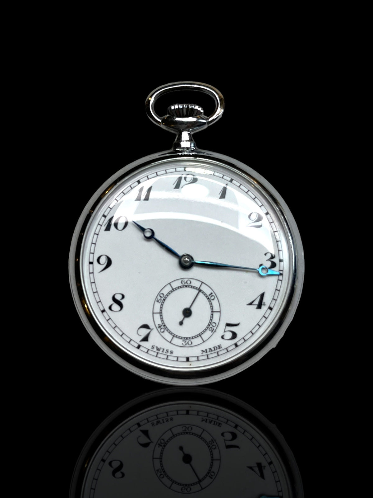 Swiss-Made Steel Pocket Watch with Desk Stand & Keychain