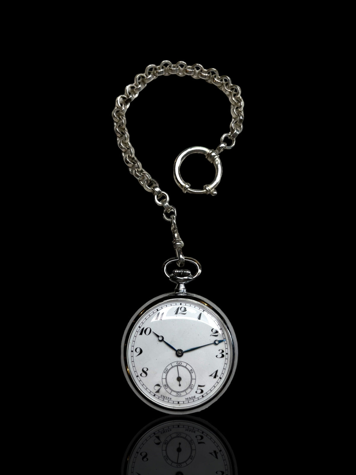Swiss-Made Steel Pocket Watch with Desk Stand & Keychain