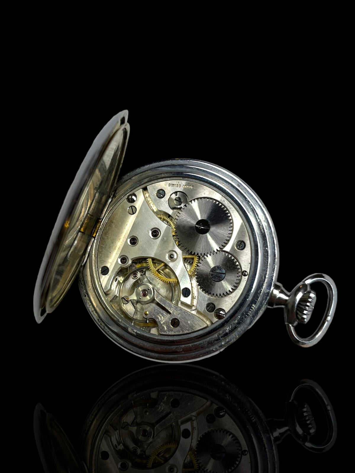 Swiss-Made Steel Pocket Watch with Desk Stand & Keychain