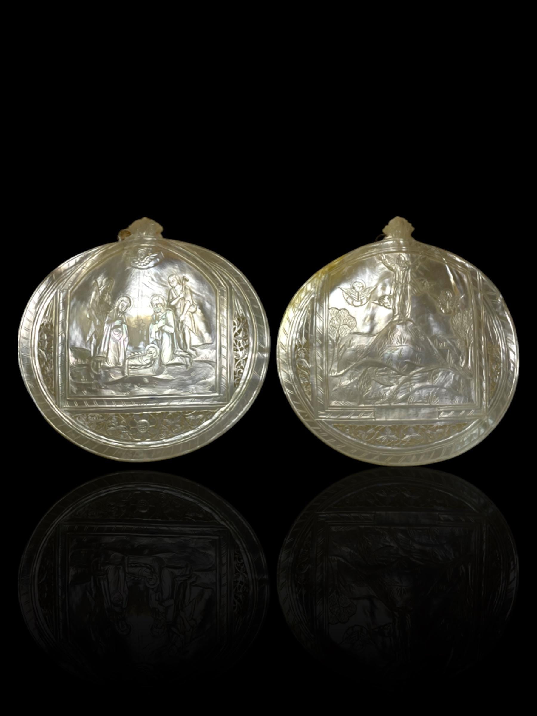 Typical Nativity Scene Mother of Pearl Carving, Bethlehem. Pair.