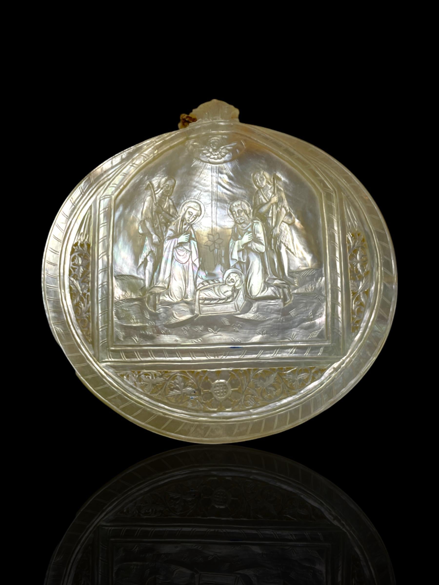 Typical Nativity Scene Mother of Pearl Carving, Bethlehem. Pair.