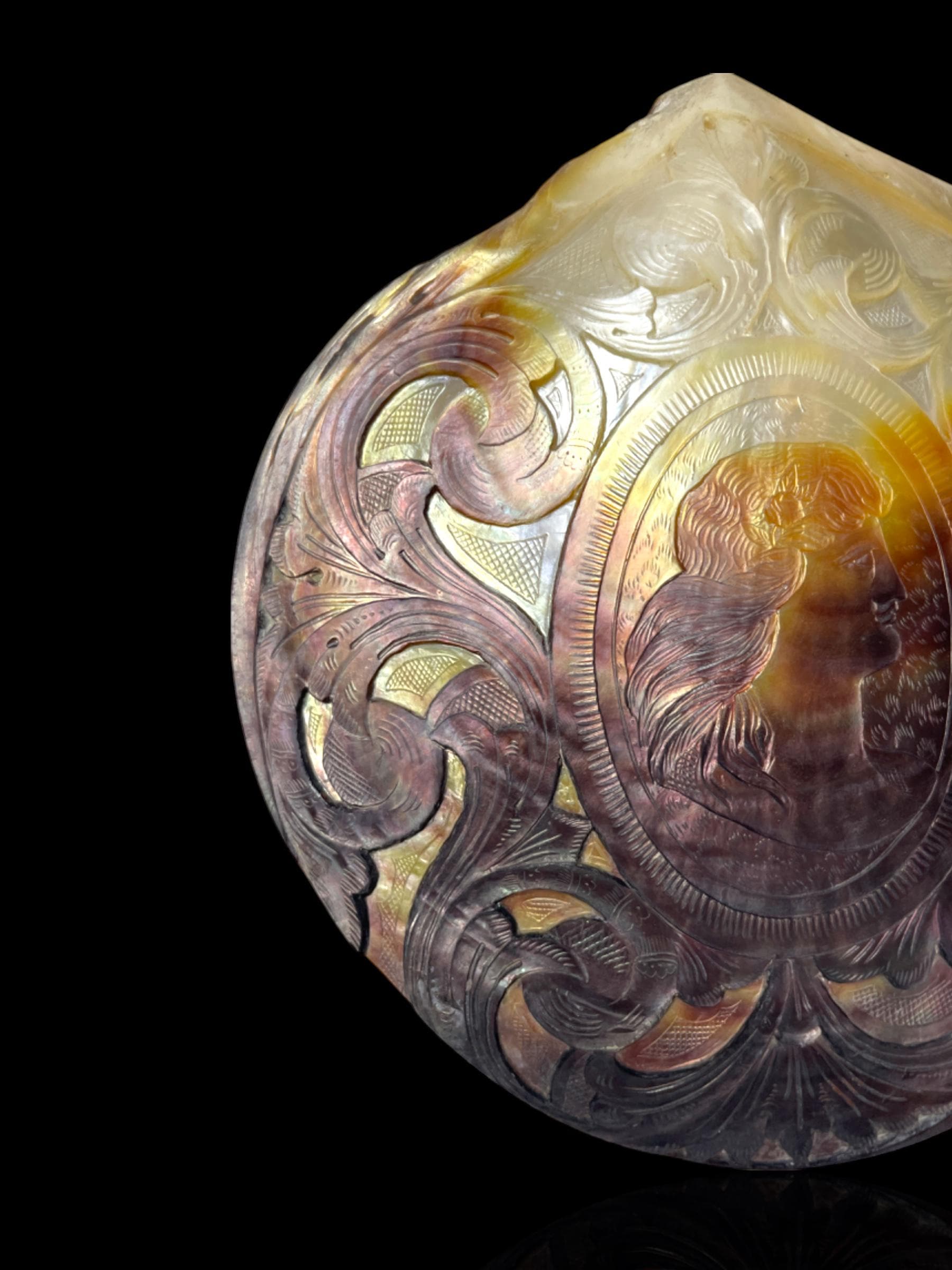 Large Antique Convict-Carved Pearl Shell Art: Circa 1880, New Caledonia. With Stand.