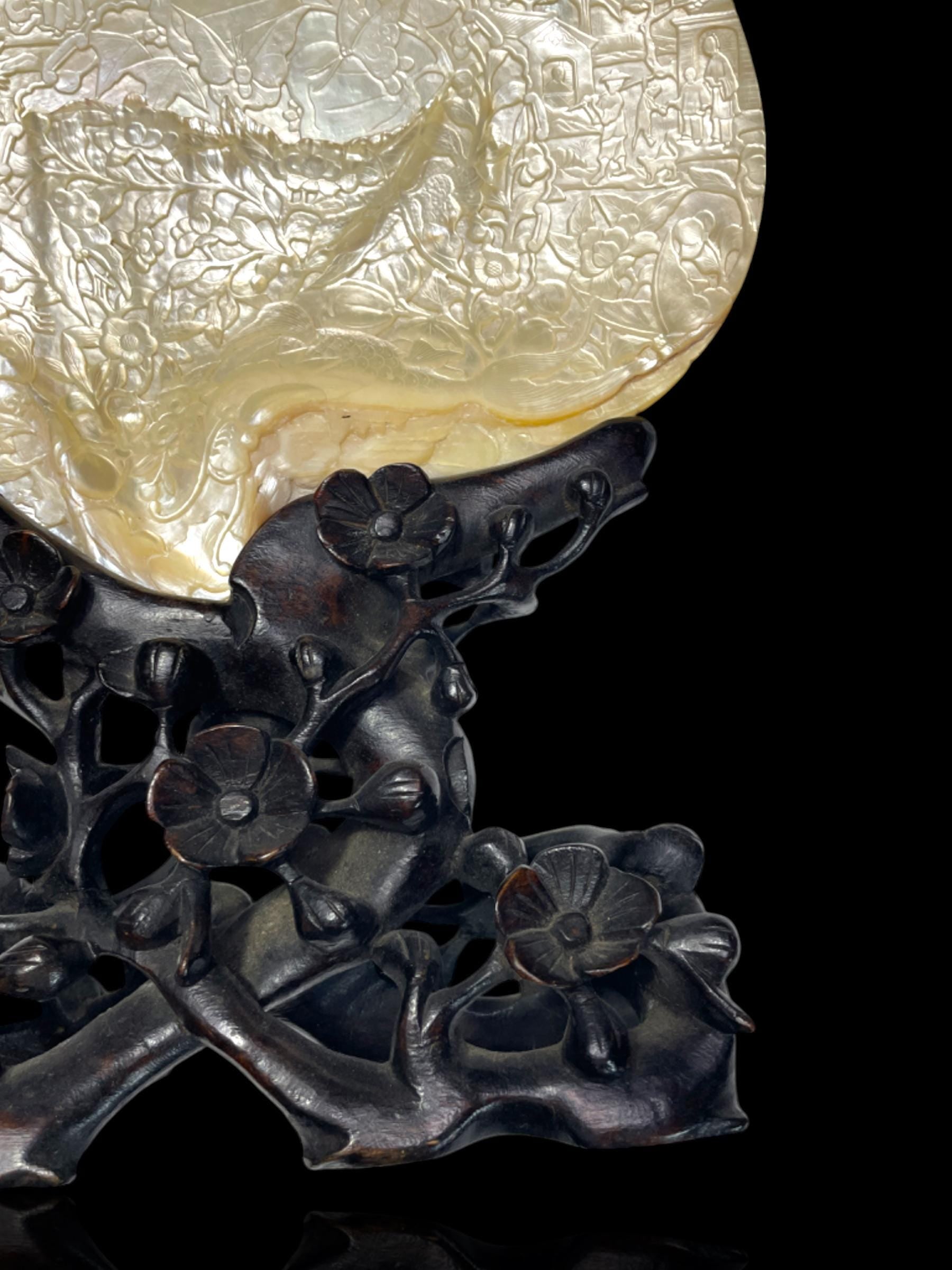 Rare and Large Qing Dynasty Carved Pearl Shell. Original Hand-Carved Stand