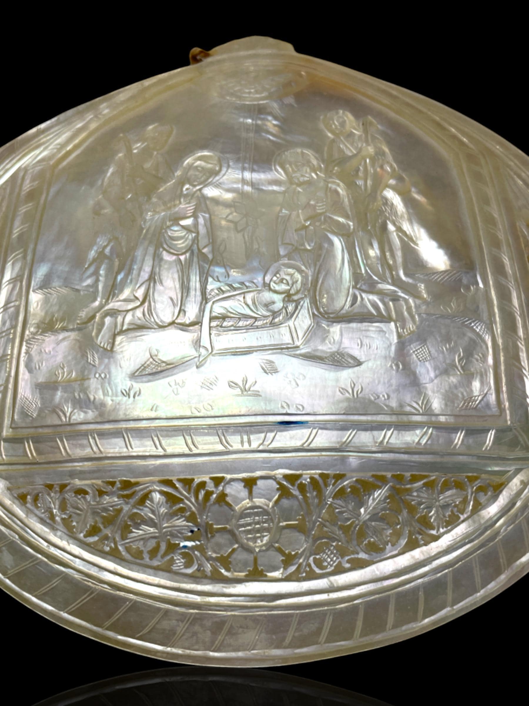 Typical Nativity Scene Mother of Pearl Carving, Bethlehem. Pair.
