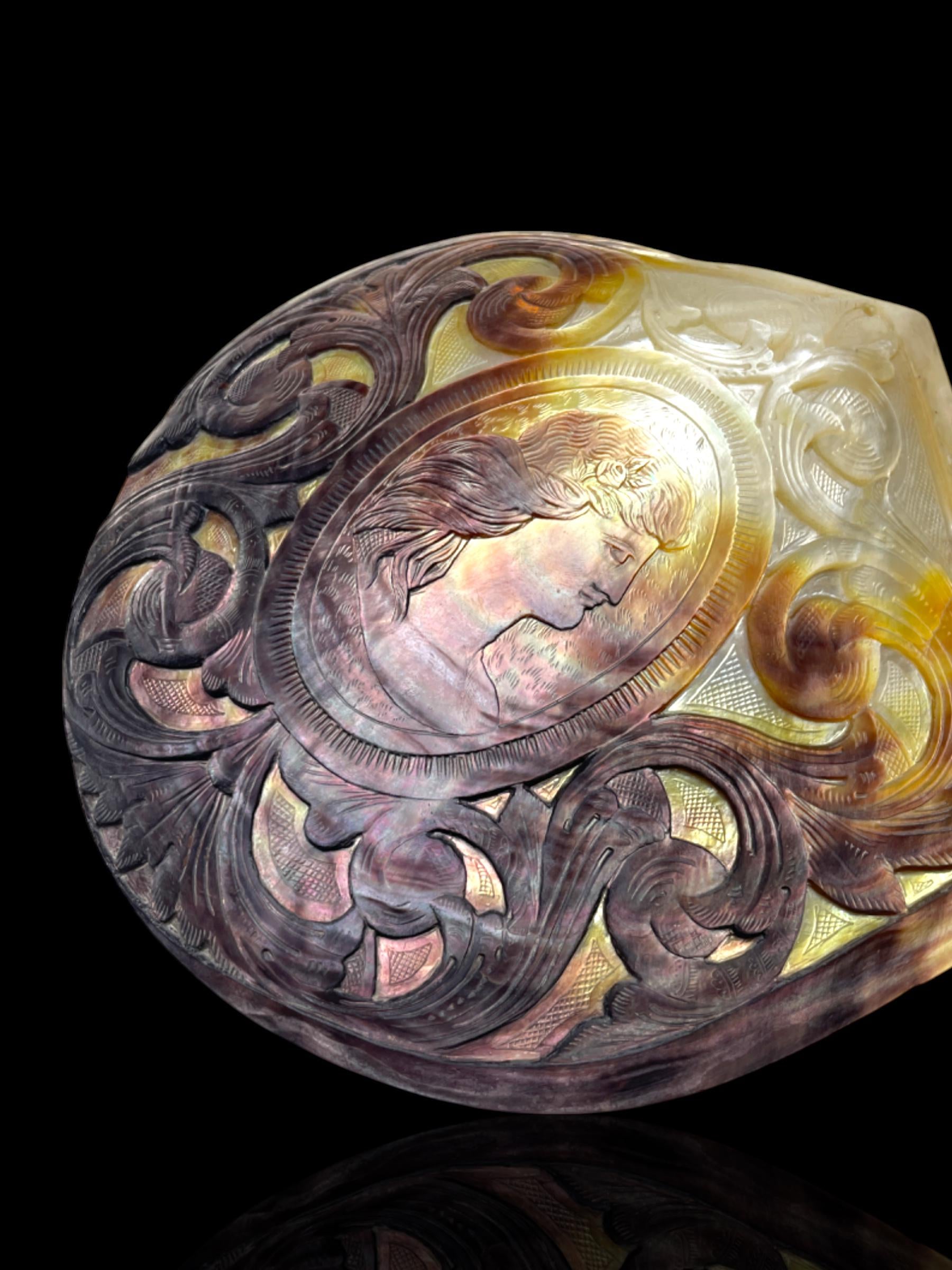 Large Antique Convict-Carved Pearl Shell Art: Circa 1880, New Caledonia. With Stand.