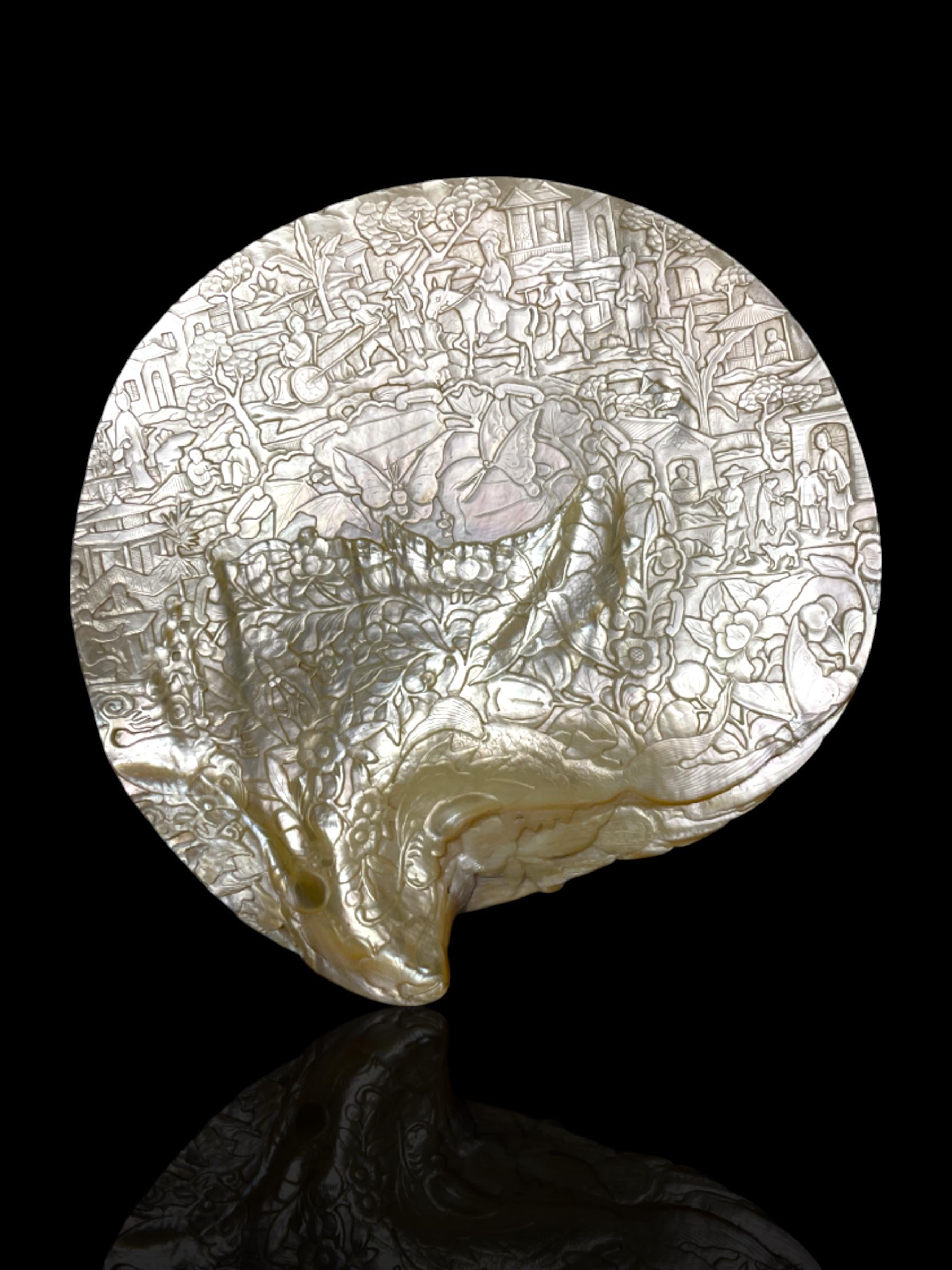 Rare and Large Qing Dynasty Carved Pearl Shell. Original Hand-Carved Stand