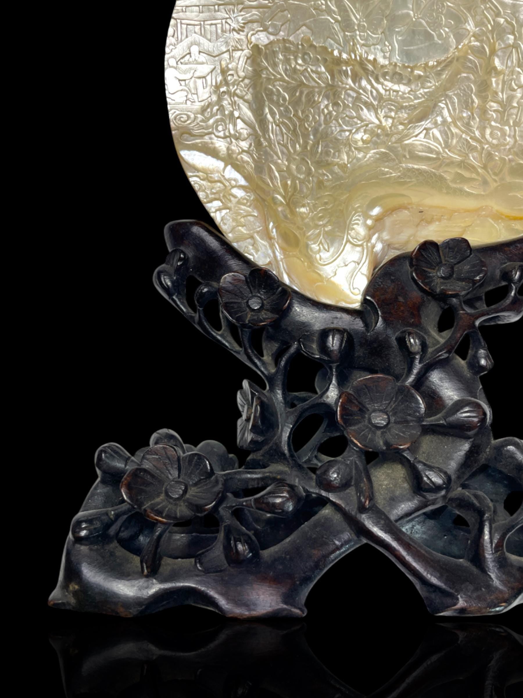 Rare and Large Qing Dynasty Carved Pearl Shell. Original Hand-Carved Stand