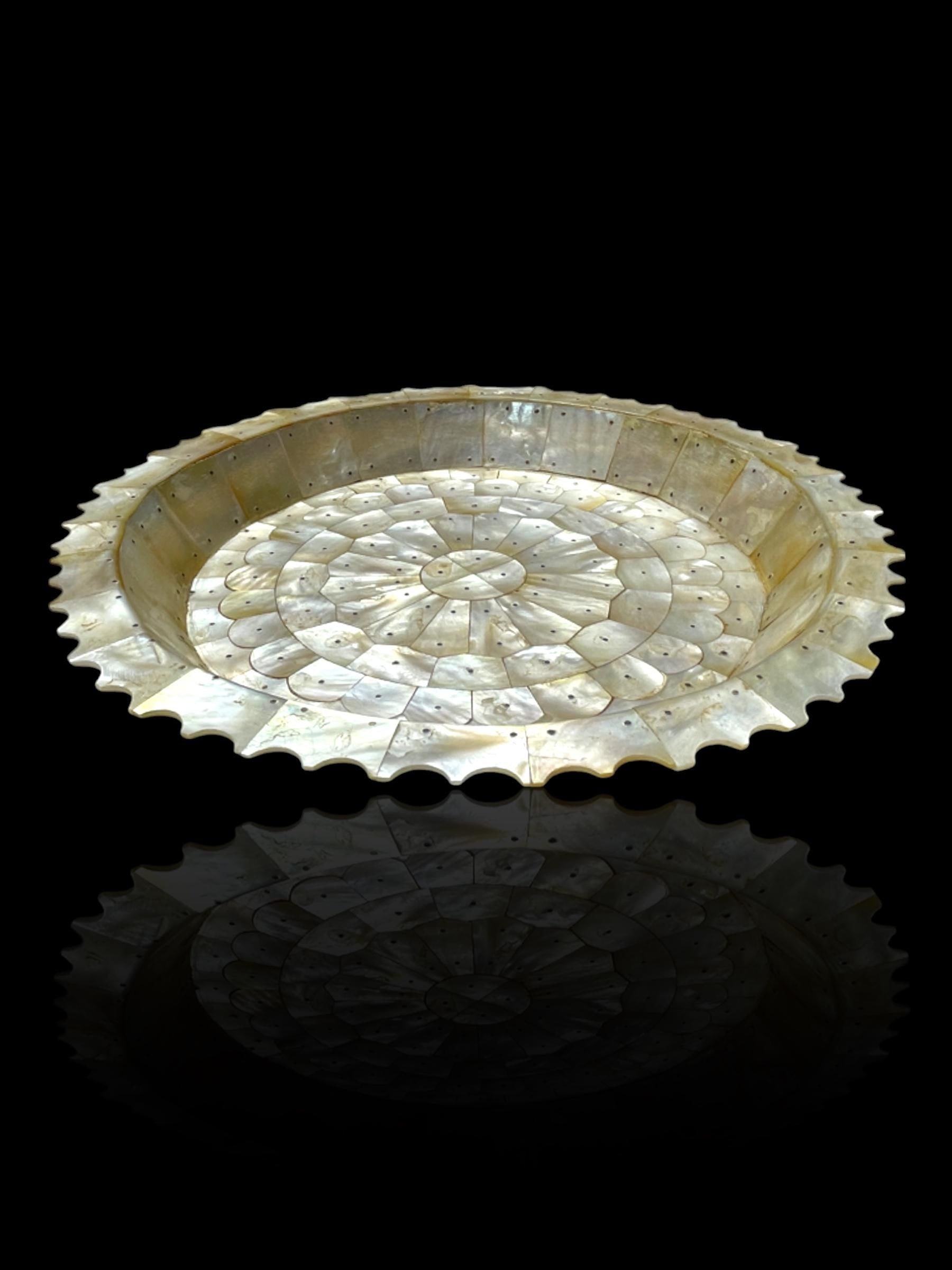 Large Antique Goa Mother of Pearl Serving Dish. With Stand.
