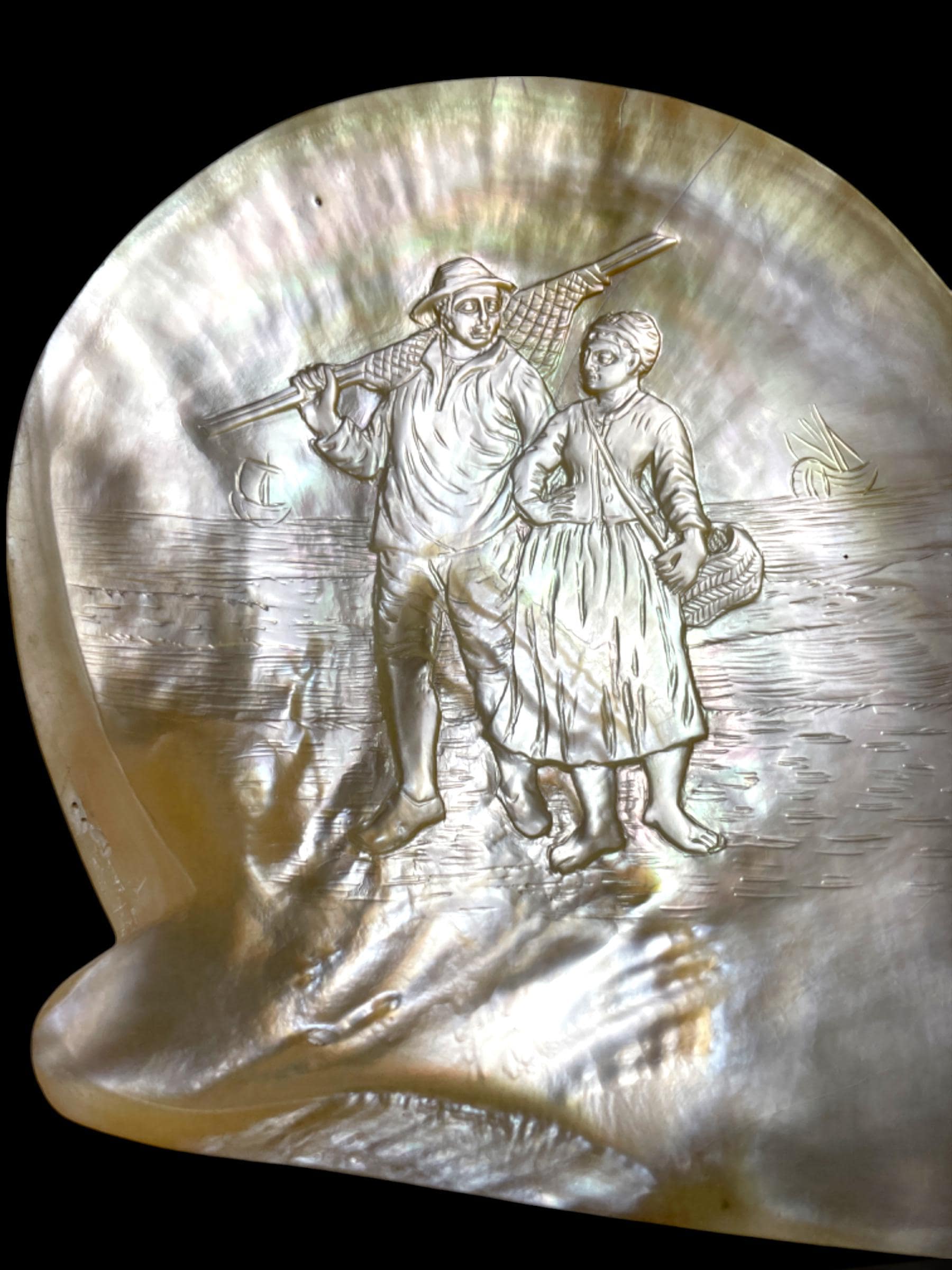 French Polynesian Hand-Carved Pearl Shell. With Stand.