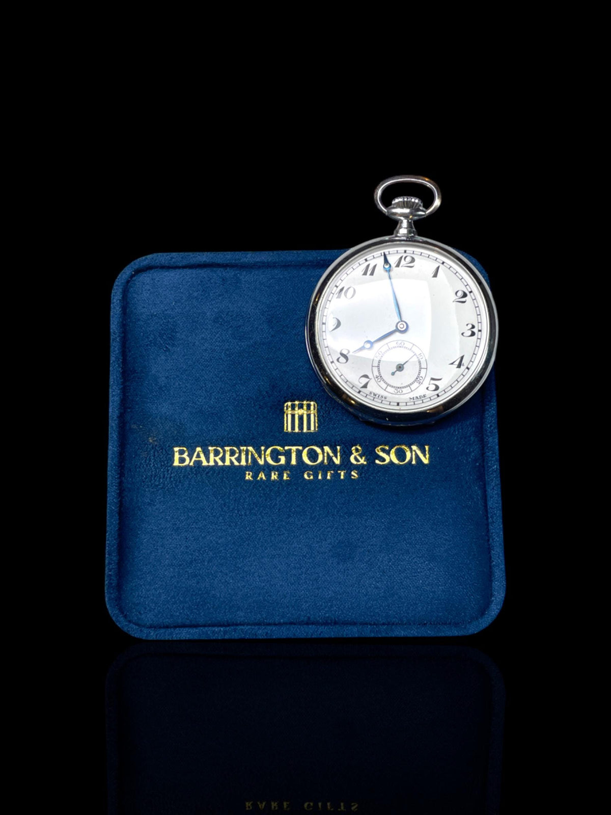 Swiss-Made Steel Pocket Watch with Desk Stand & Keychain