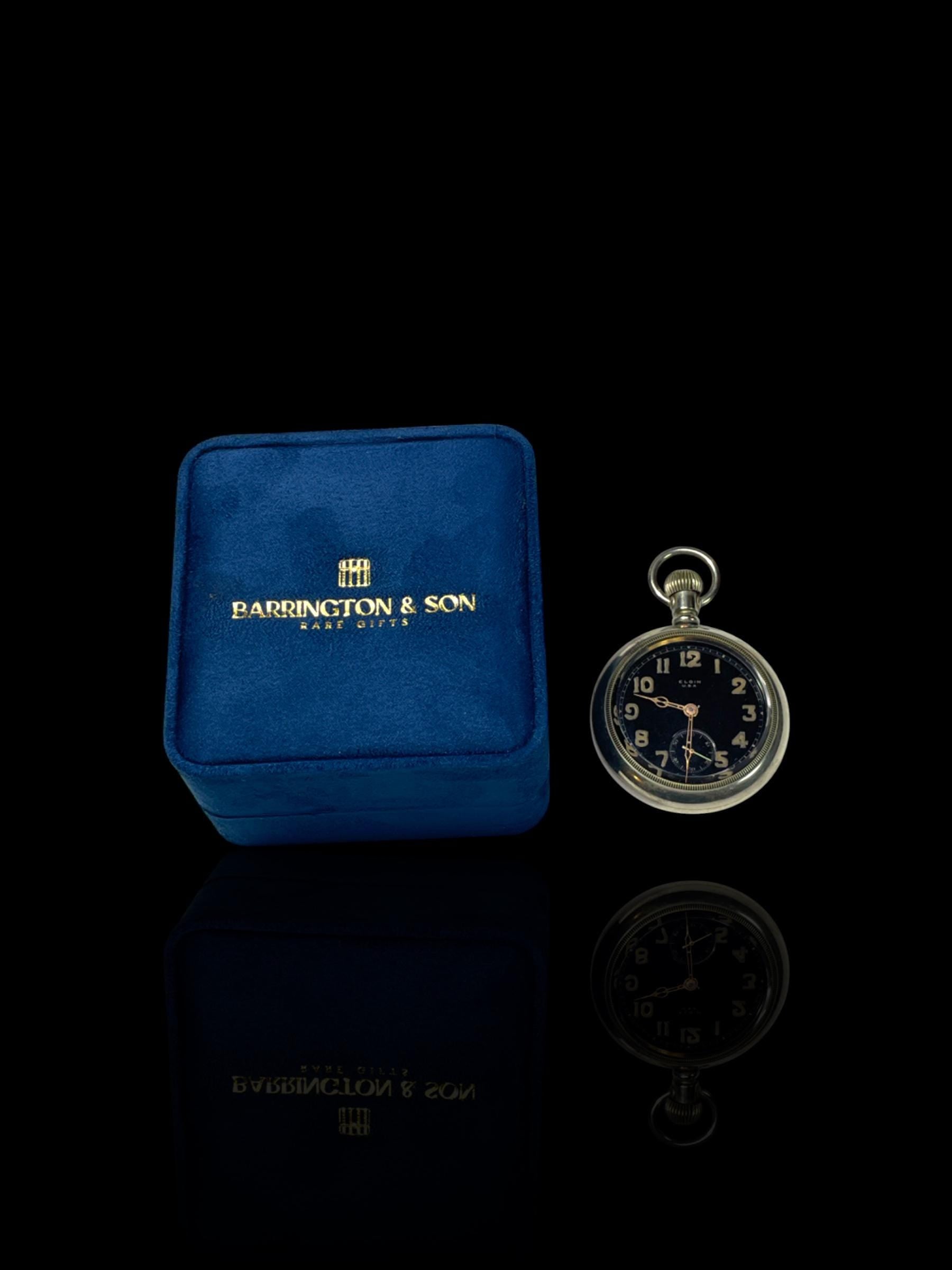 Nickel and Black-faced Elgin Pocket Watch. With Stand.