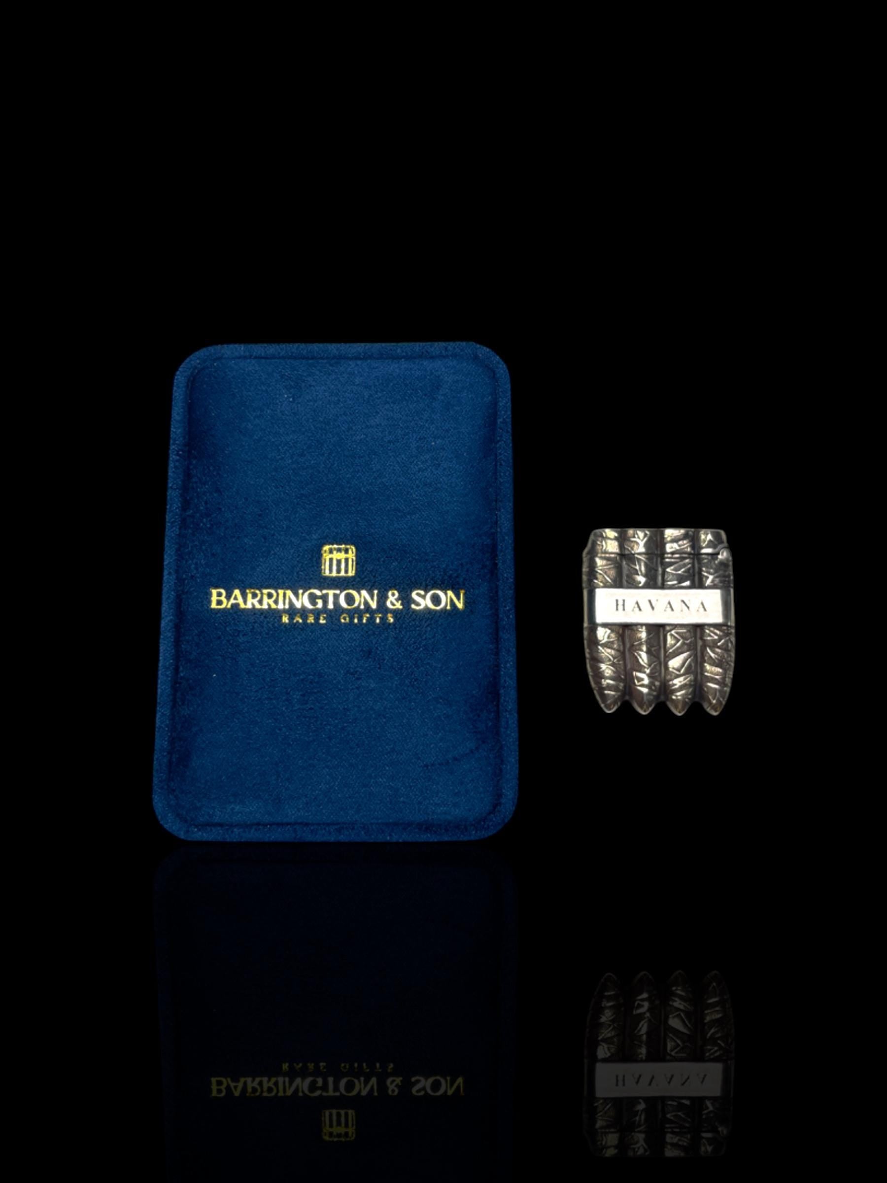 Exceptional Vintage Cigar-shaped Sterling Silver Vesta (Match Holder) . Engraved 'Havana'.