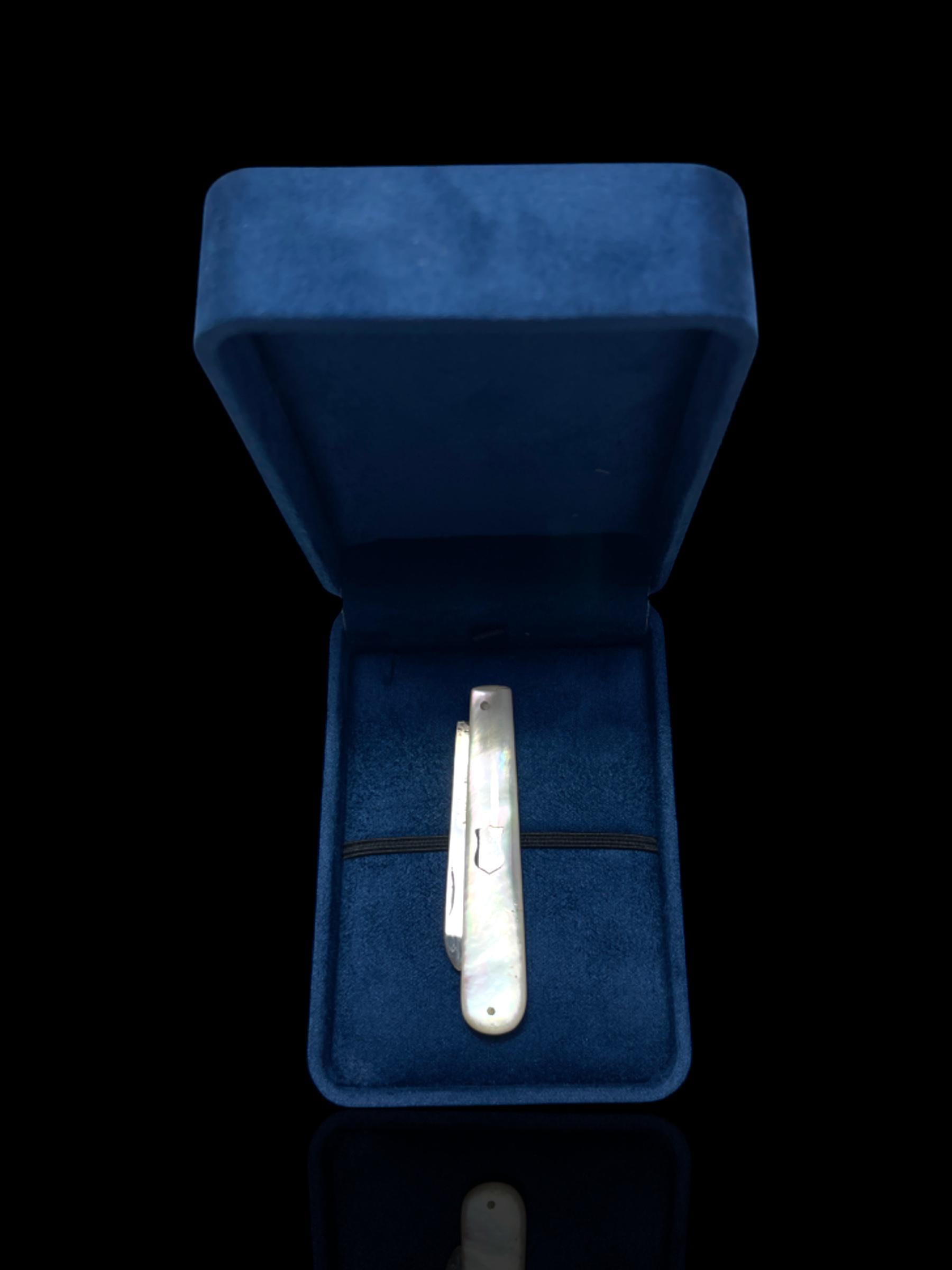 Antique Mother of Pearl Sterling Silver Folding Pocket Knife, London. Cased.