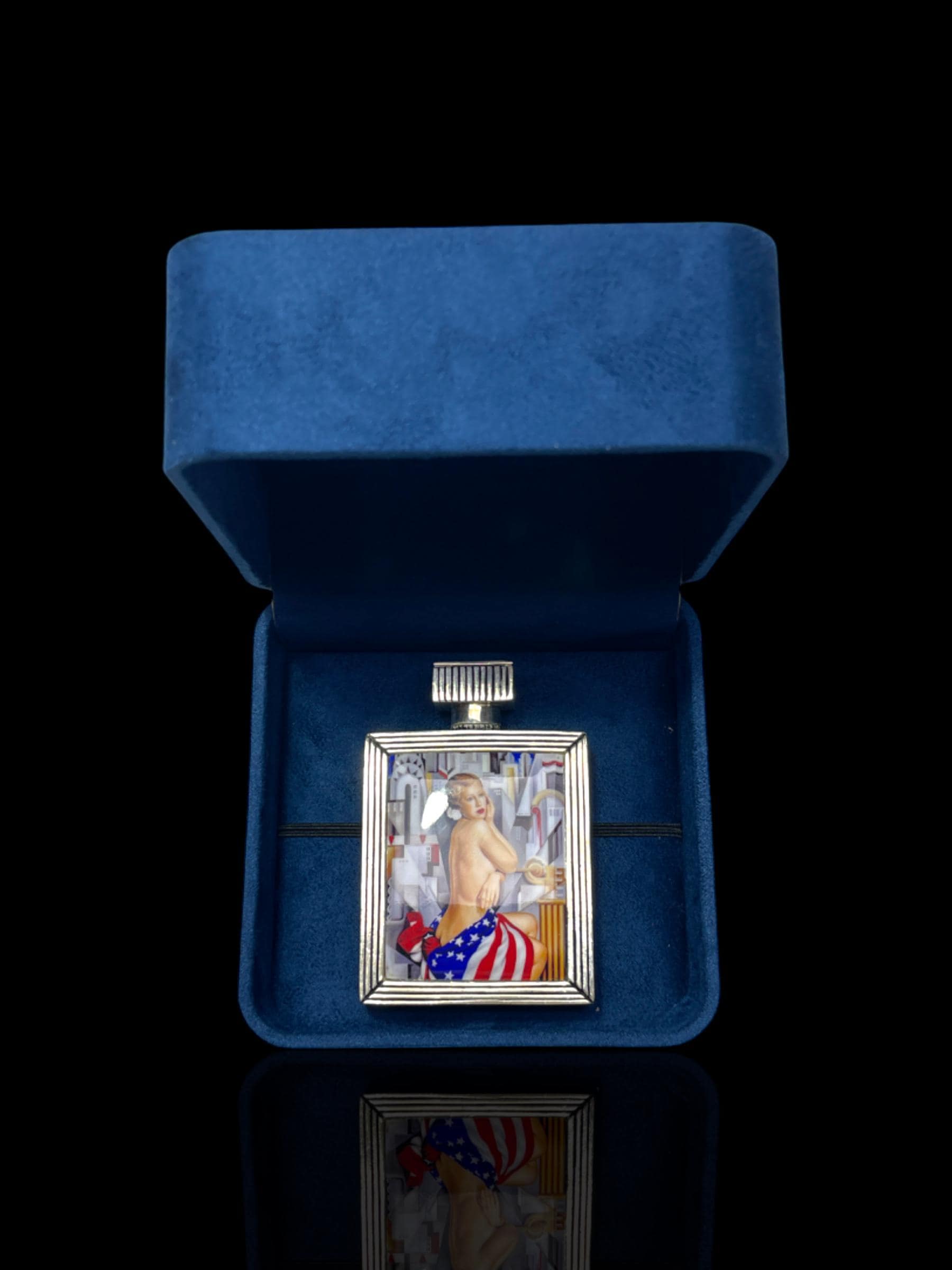 Art Deco Style Hip-Silver Flask with Enamel Nude and American Flag Motif. Cased.