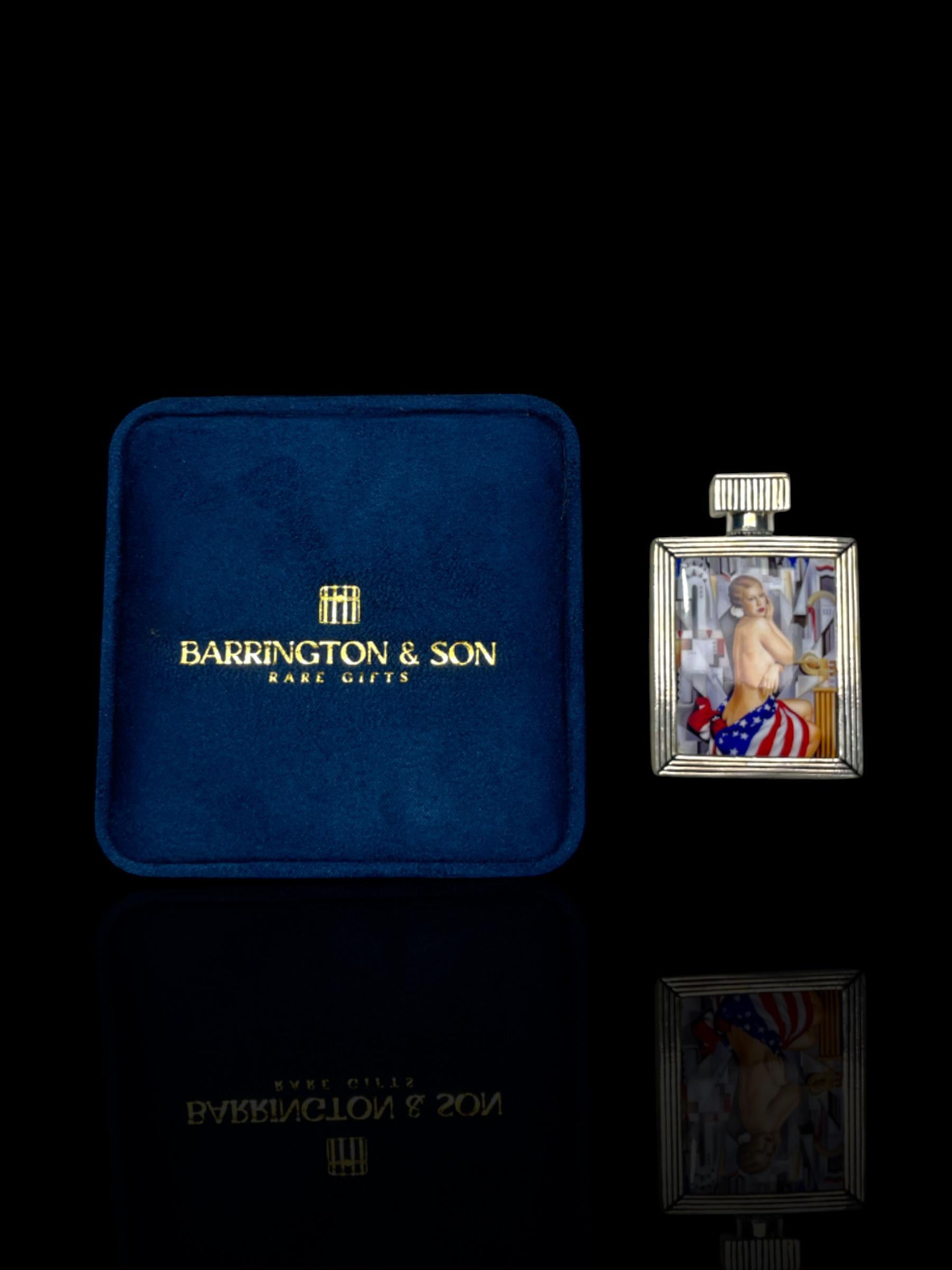 Art Deco Style Hip-Silver Flask with Enamel Nude and American Flag Motif. Cased.