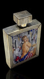 Art Deco Style Hip-Silver Flask with Enamel Nude and American Flag Motif. Cased.