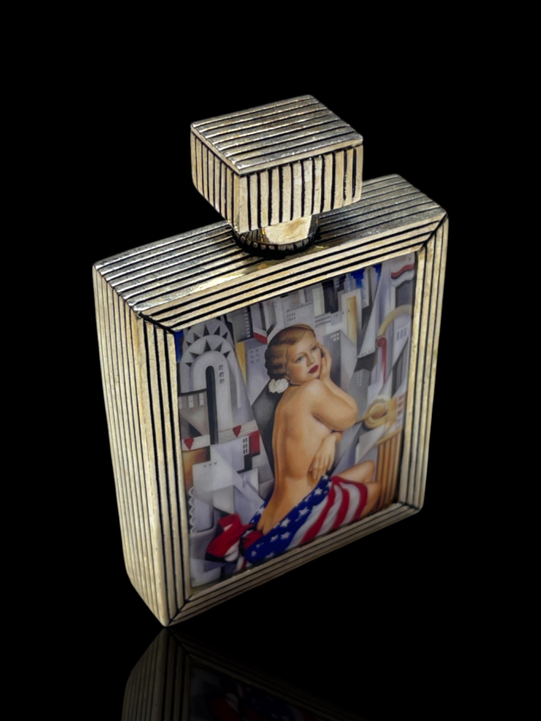 Art Deco Style Hip-Silver Flask with Enamel Nude and American Flag Motif. Cased.
