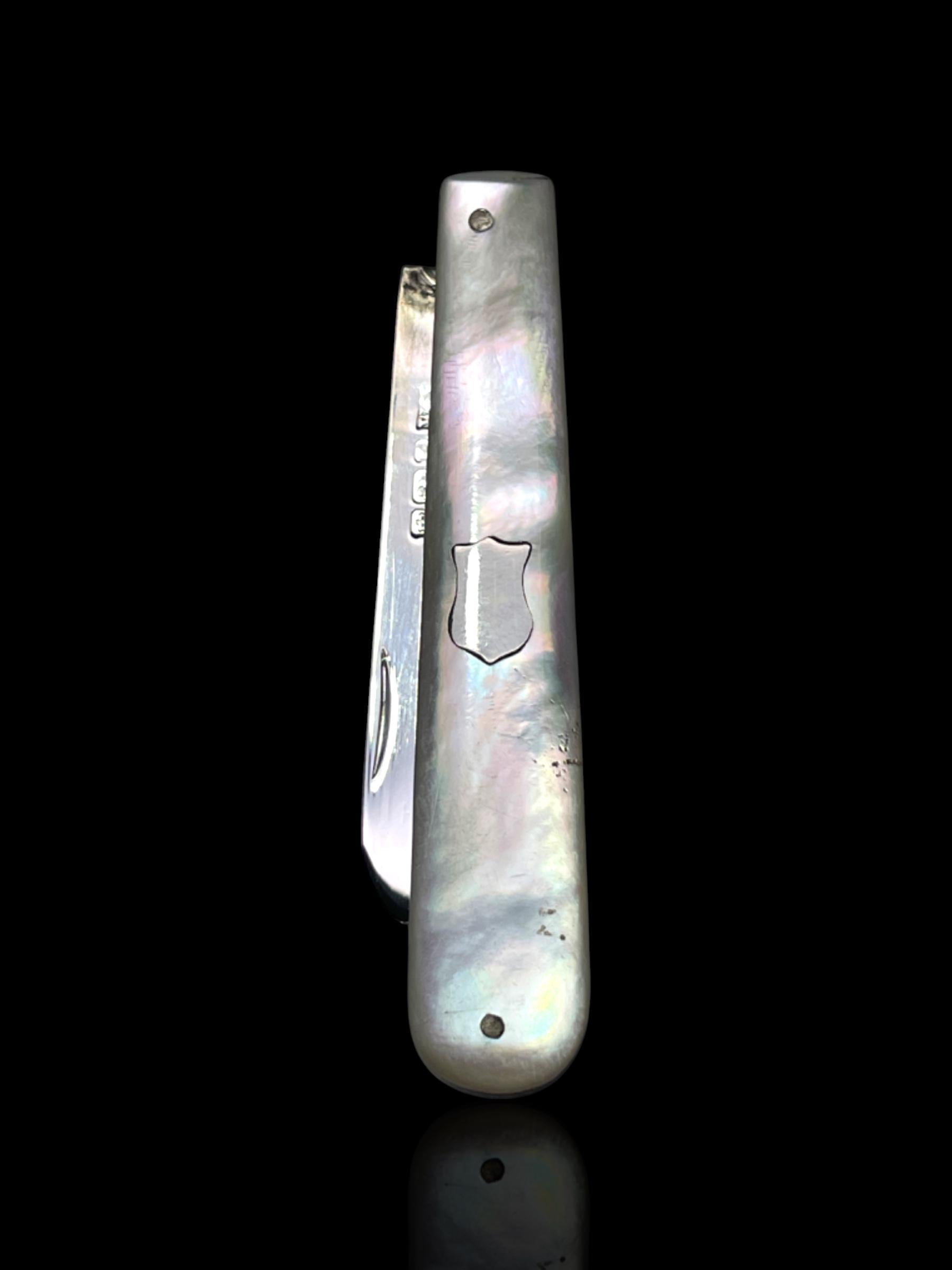 Antique Mother of Pearl Sterling Silver Folding Pocket Knife, London. Cased.