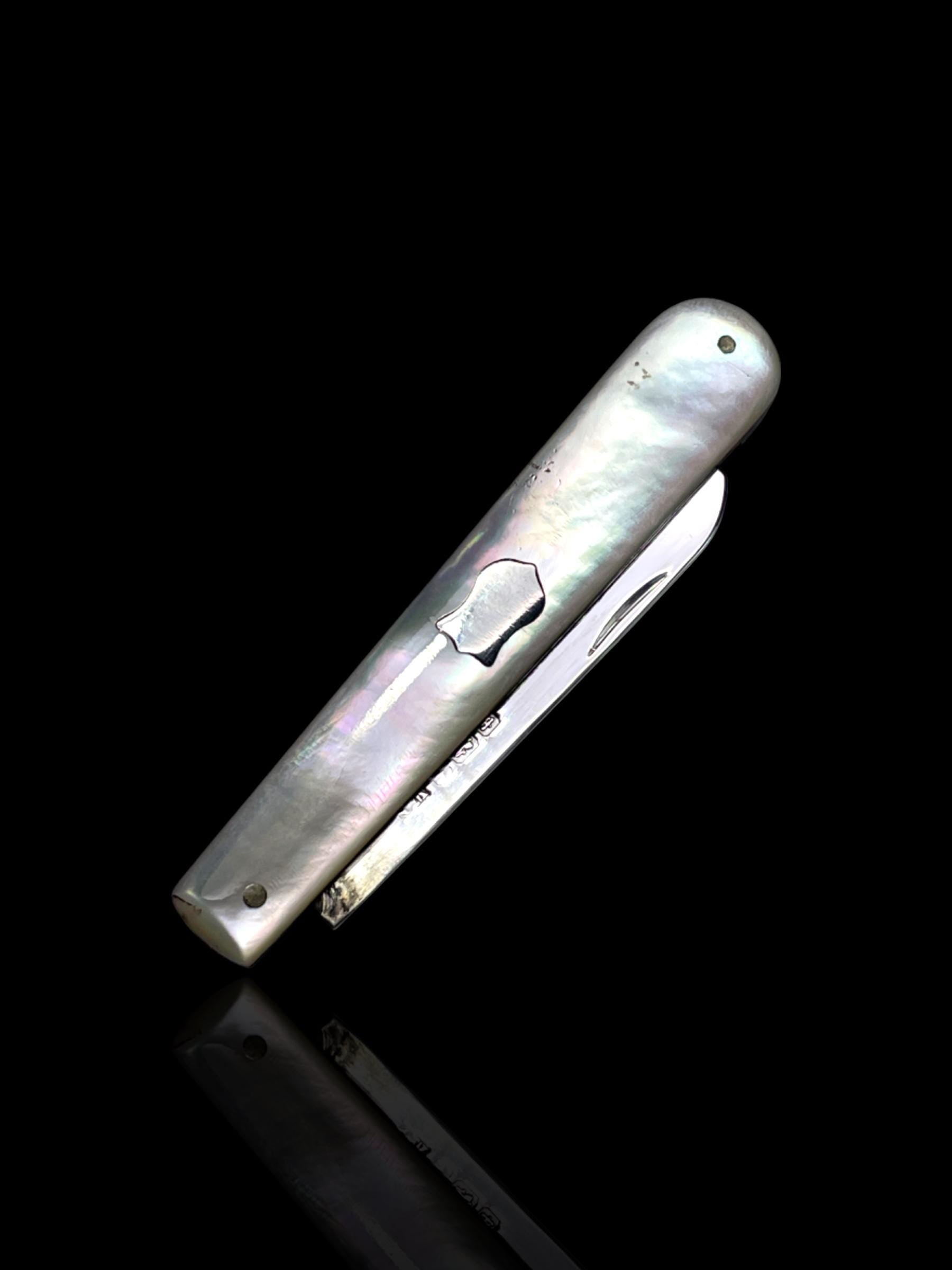 Antique Mother of Pearl Sterling Silver Folding Pocket Knife, London. Cased.
