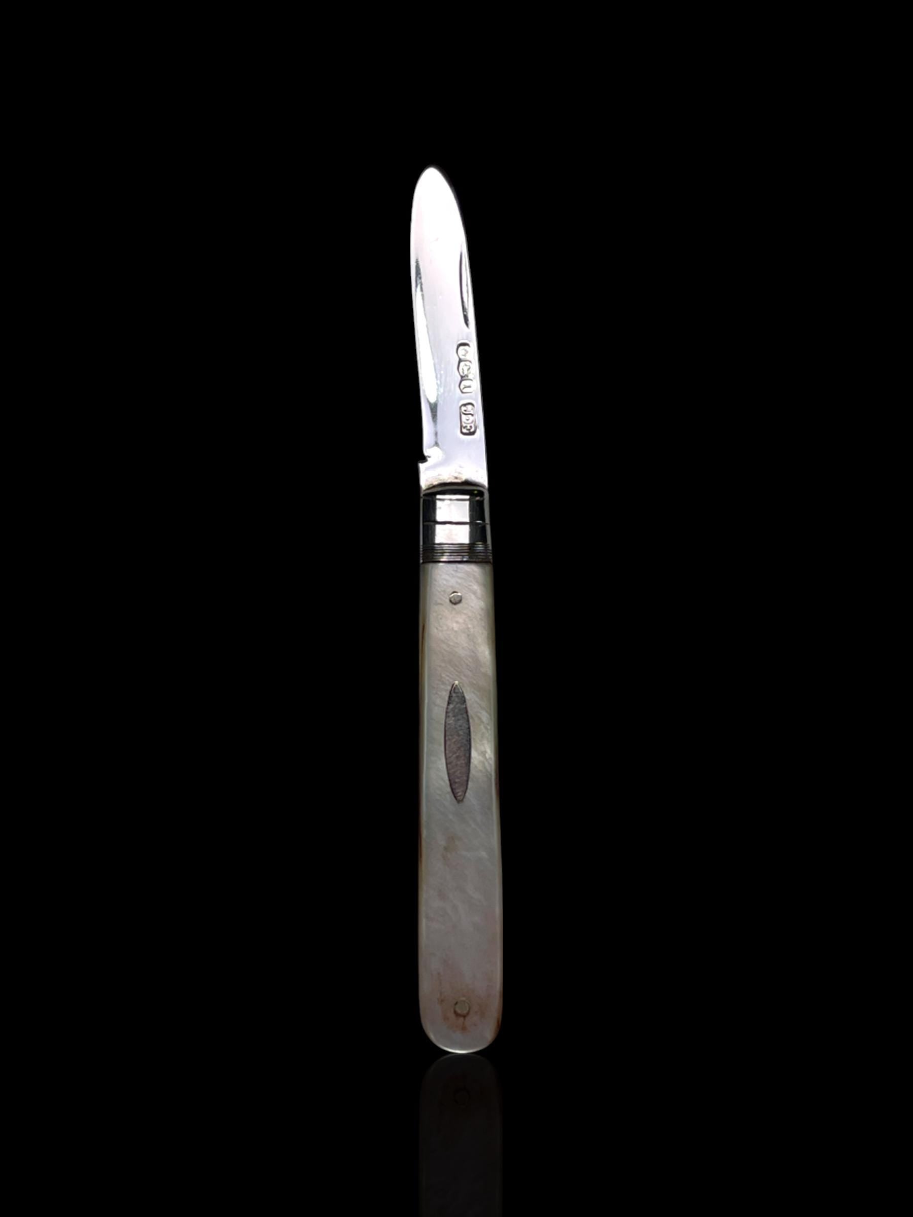 Antique Pocket Knife: 1910, James Fenton, England. Mother of Pearl and Stirling Silver. Cased.