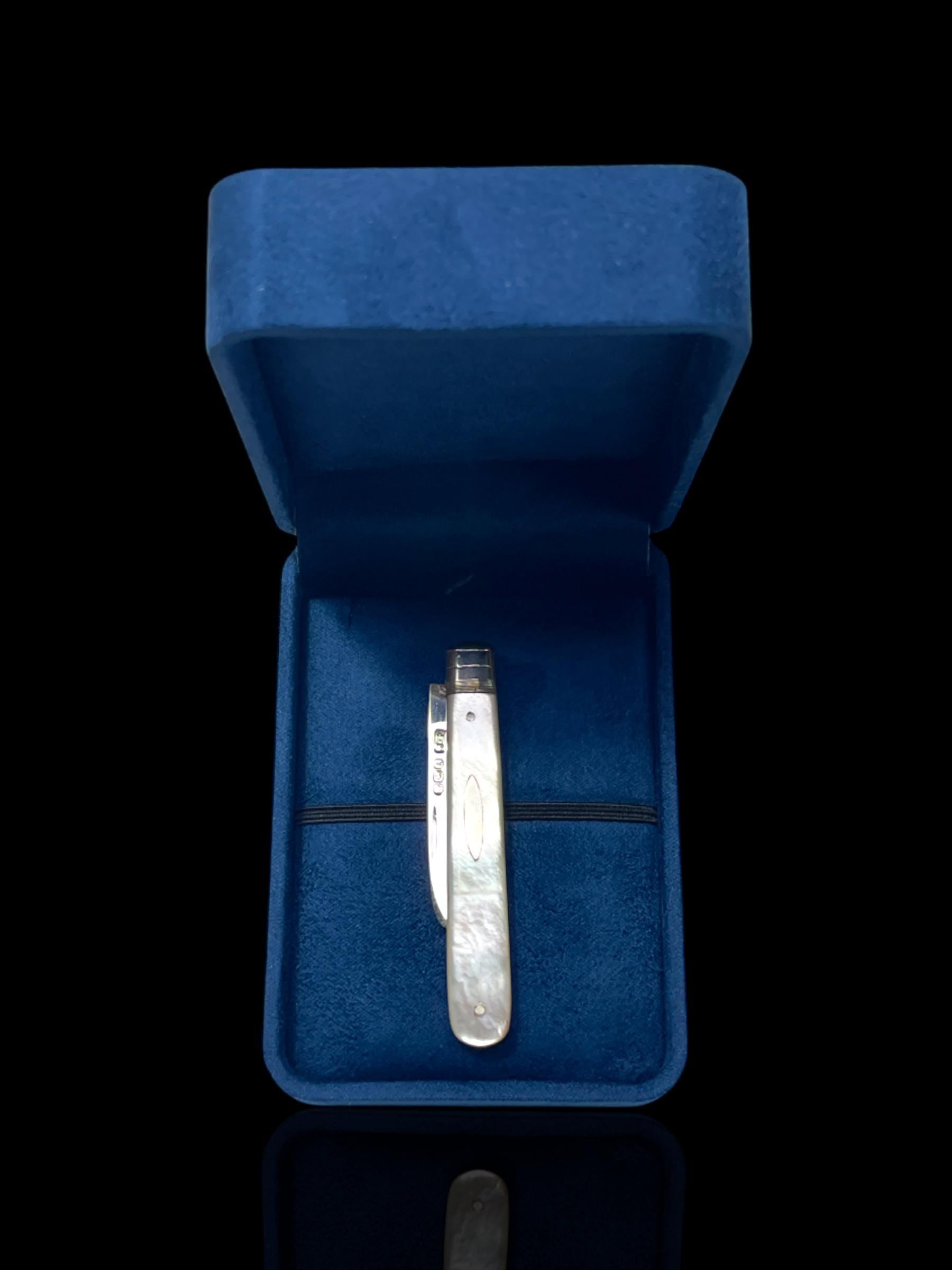 Antique Pocket Knife: 1910, James Fenton, England. Mother of Pearl and Stirling Silver. Cased.