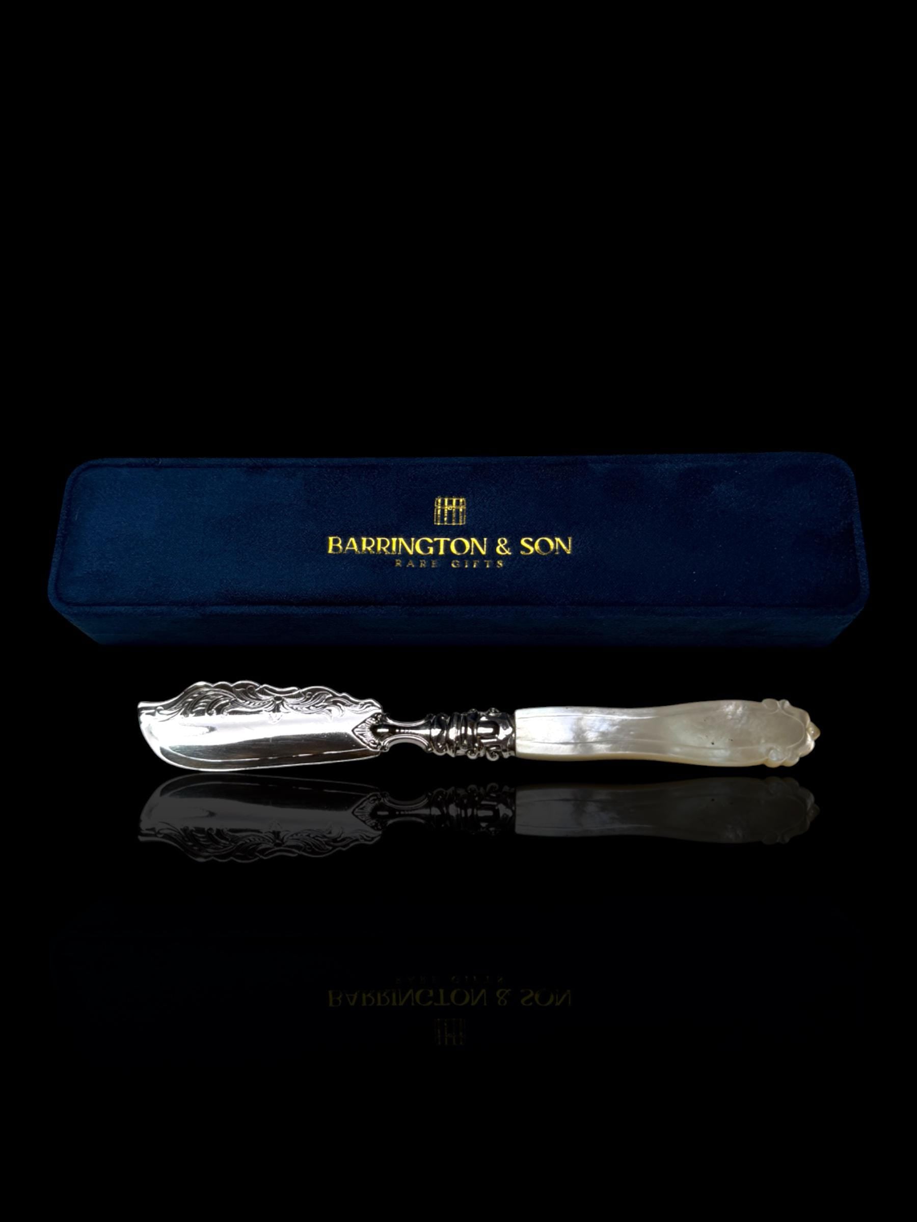Victorian Butter Knife: 1856, Sterling Silver and Mother of Pearl. Cased.