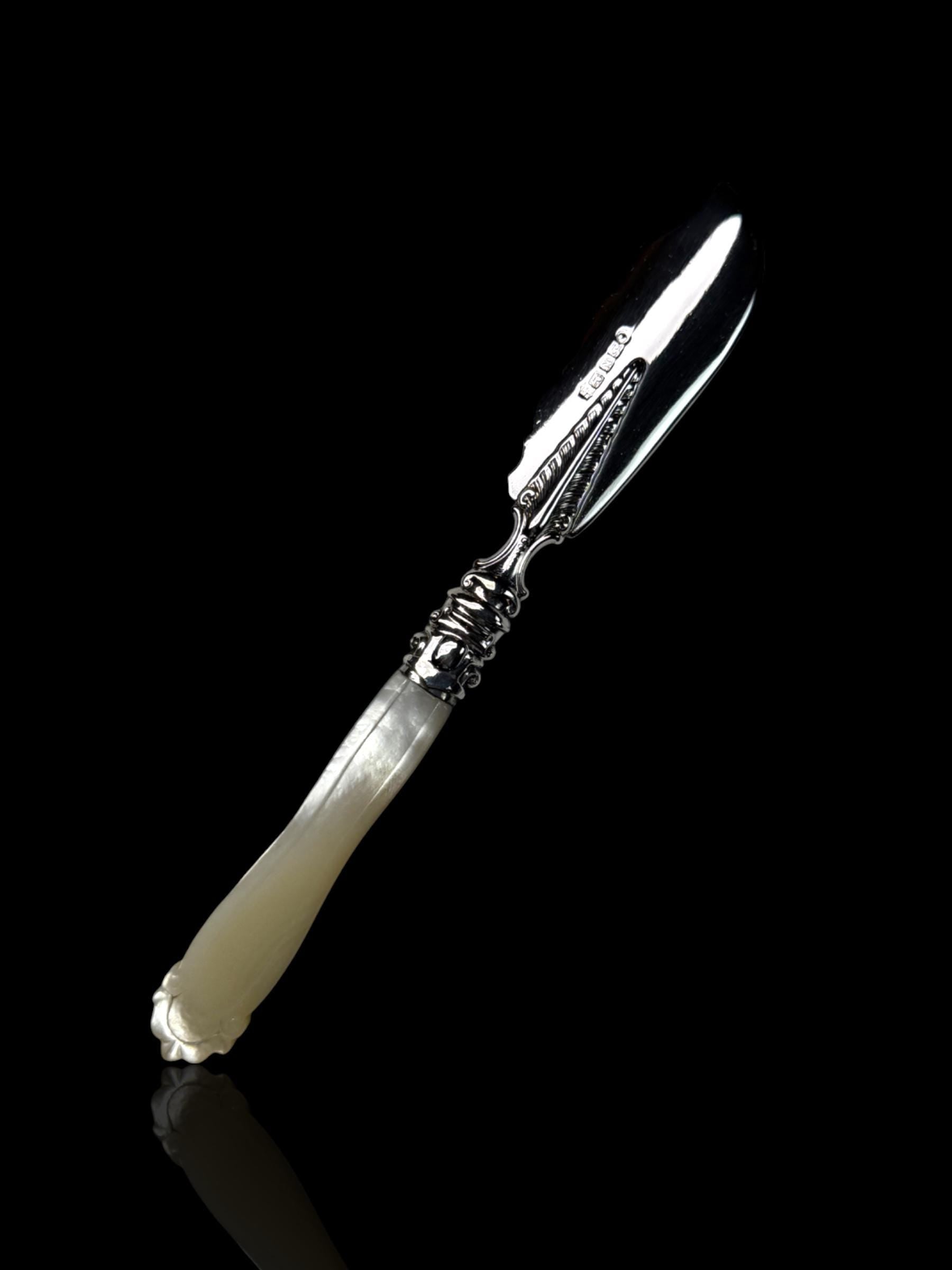 Victorian Butter Knife: 1856, Sterling Silver and Mother of Pearl. Cased.