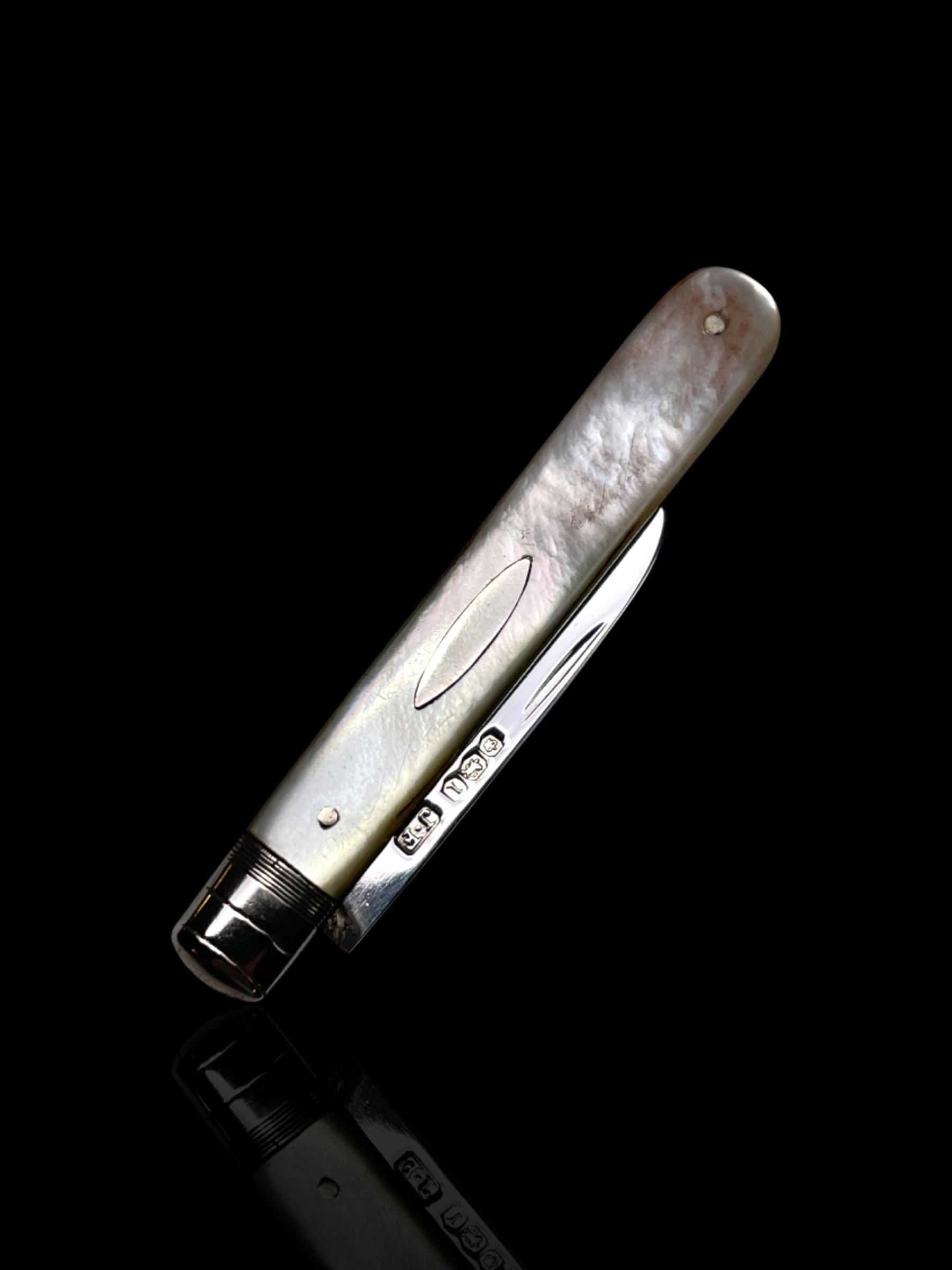 Antique Pocket Knife: 1910, James Fenton, England. Mother of Pearl and Stirling Silver. Cased.