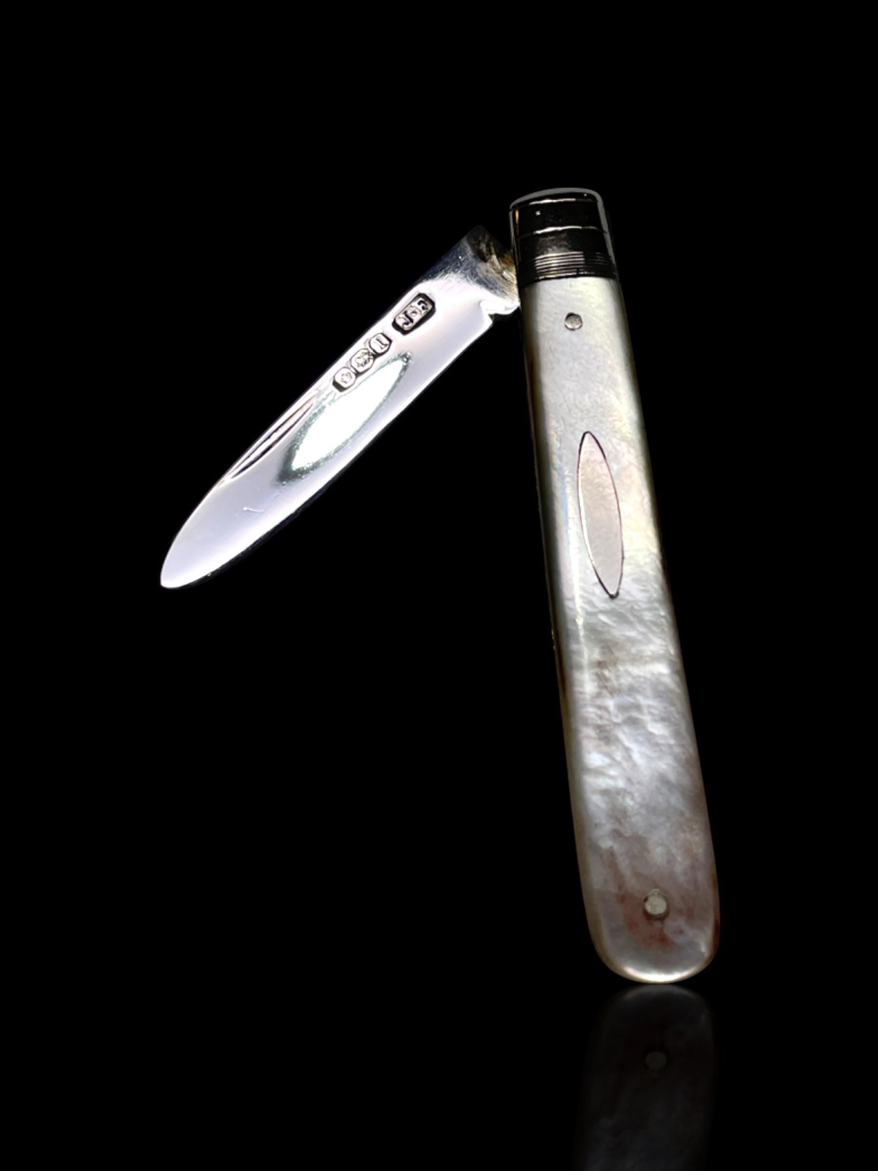 Antique Pocket Knife: 1910, James Fenton, England. Mother of Pearl and Stirling Silver. Cased.