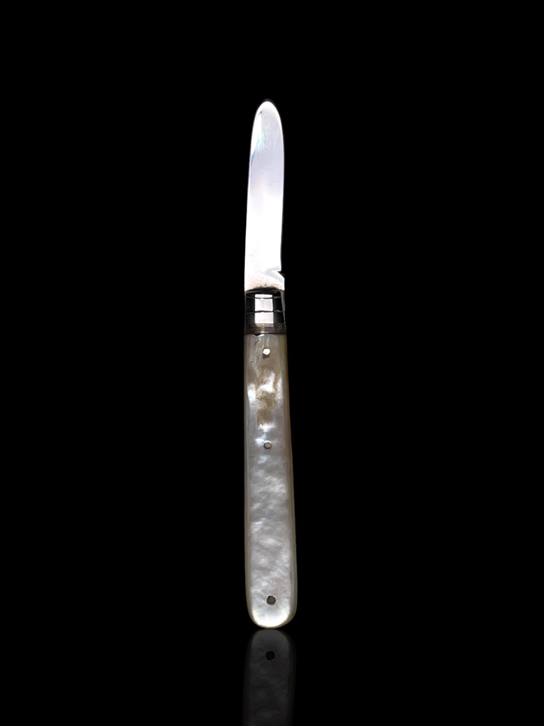 Antique Pocket Knife: 1910, James Fenton, England. Mother of Pearl and Stirling Silver. Cased.
