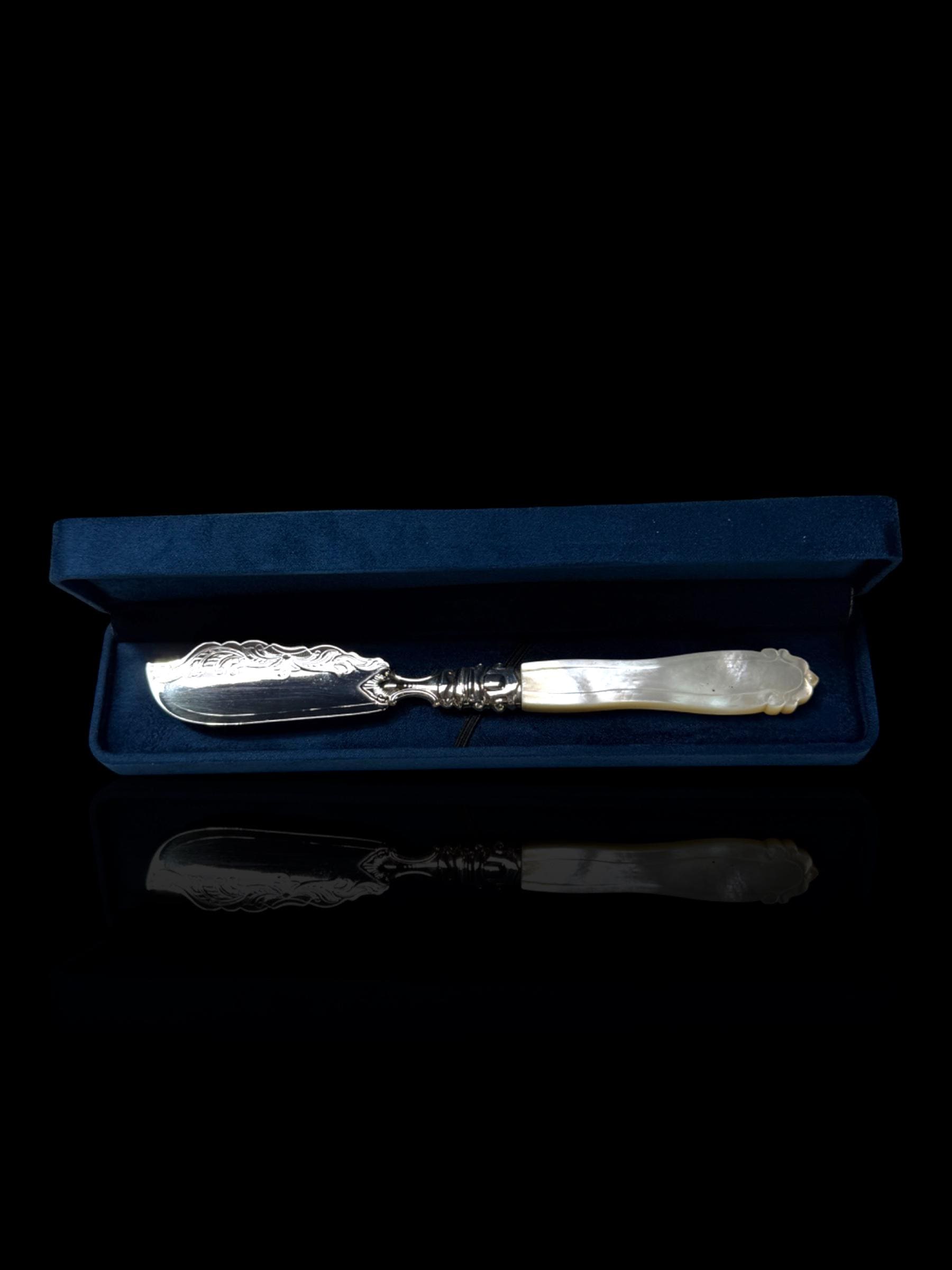 Victorian Butter Knife: 1856, Sterling Silver and Mother of Pearl. Cased.