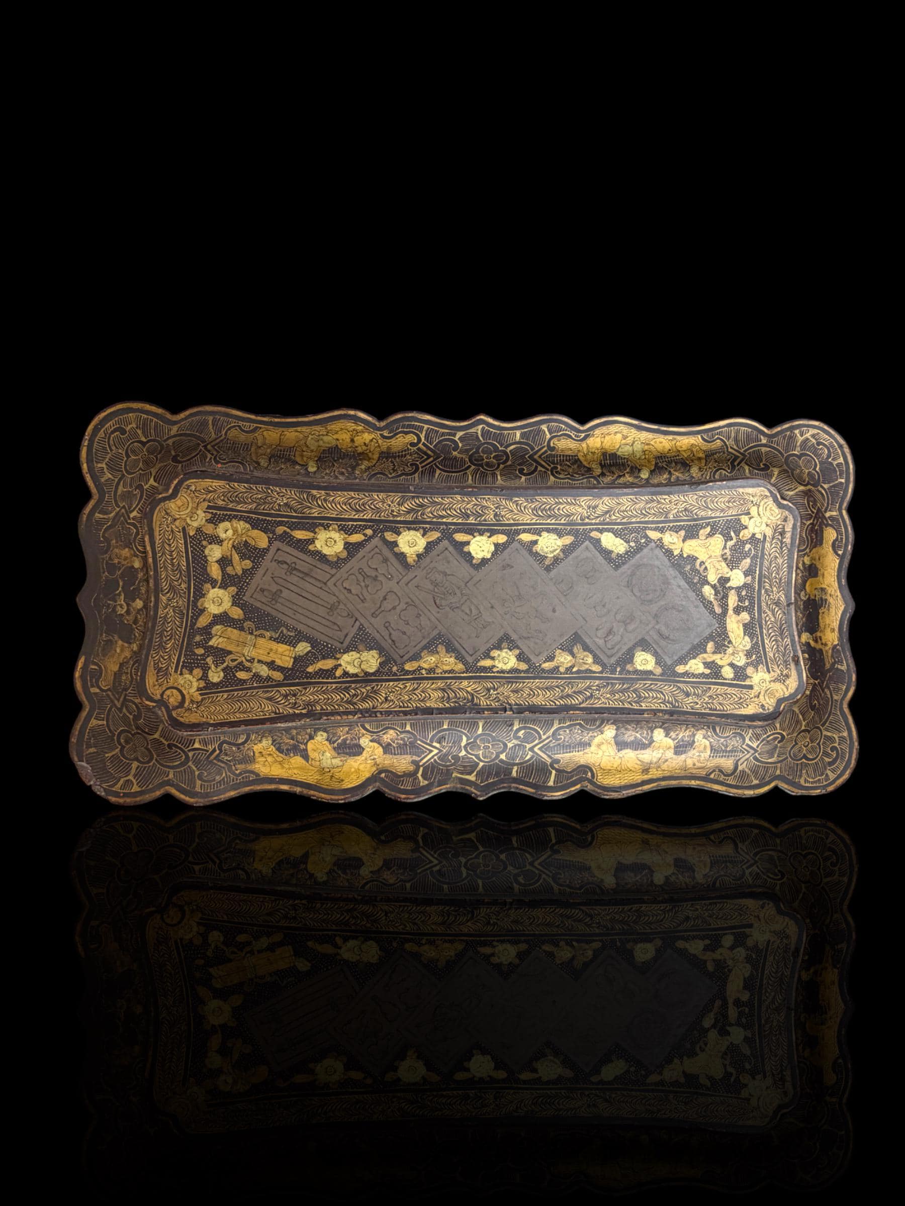 19th Century Lacquer Games Box. Hand-Painted.
