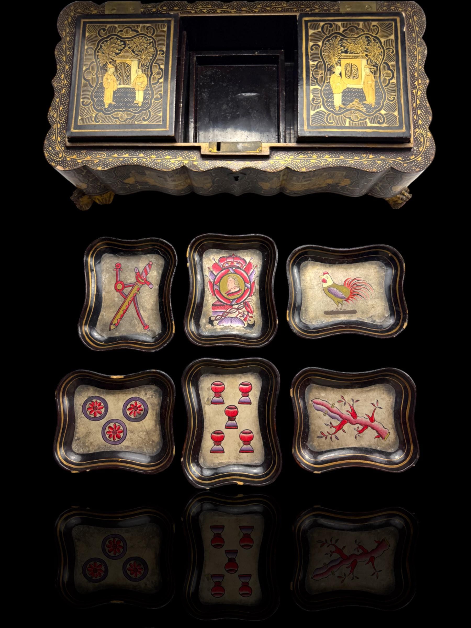 19th Century Lacquer Games Box. Hand-Painted.