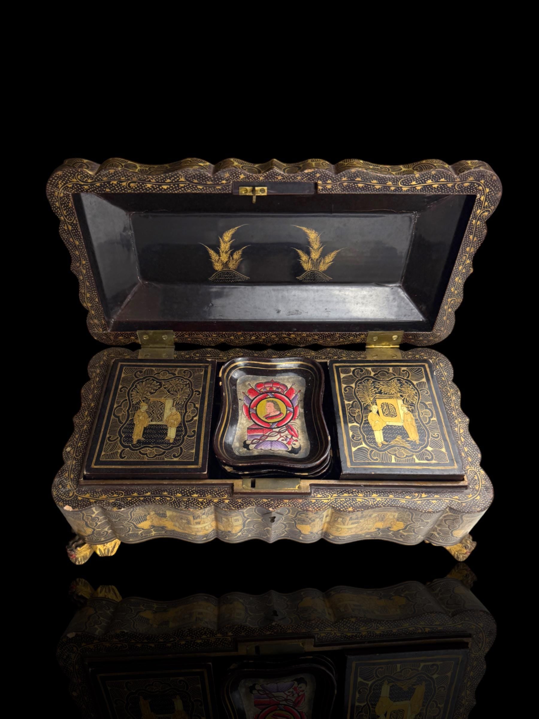 19th Century Lacquer Games Box. Hand-Painted.