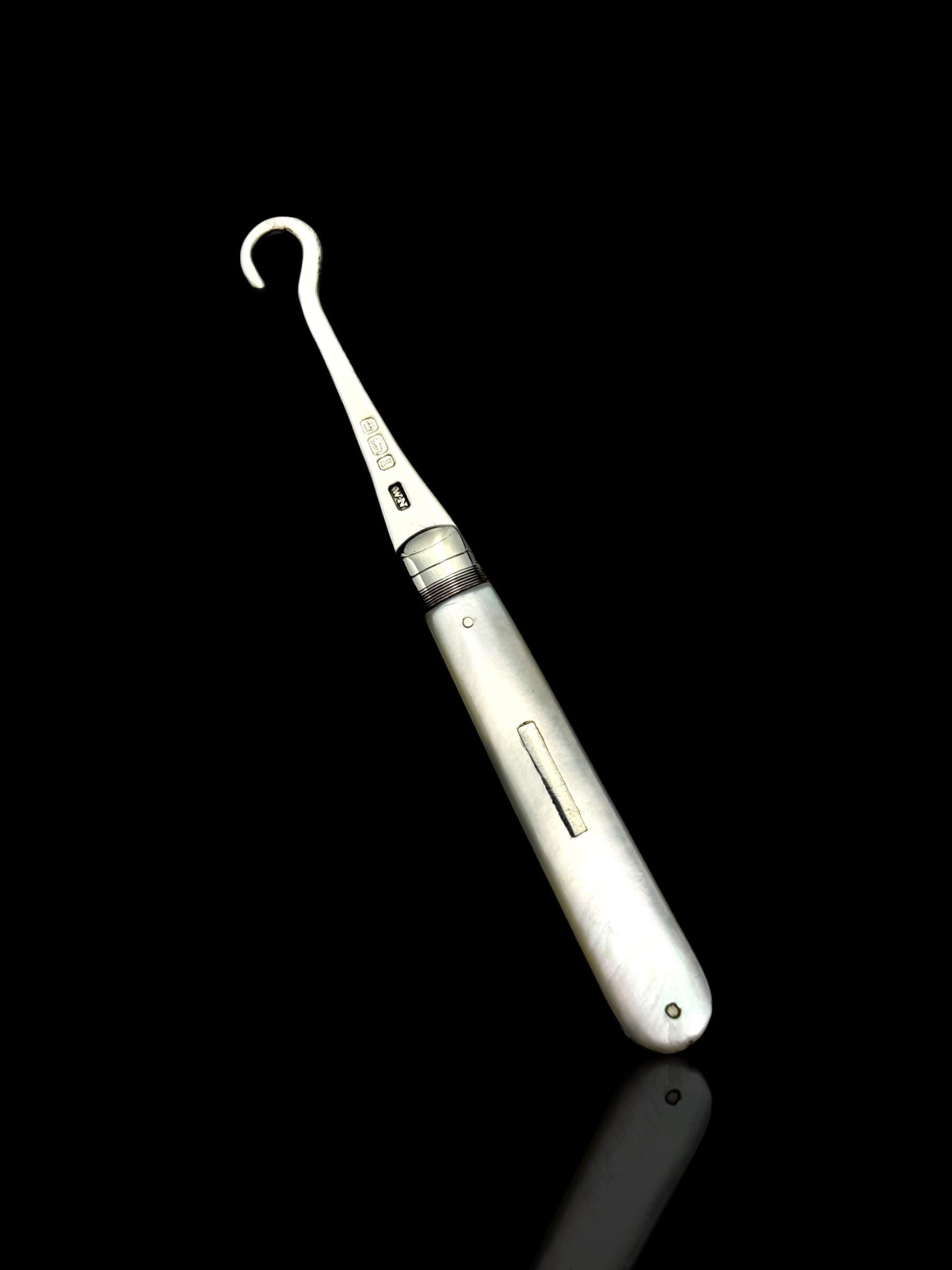 Antique Button Hook. 1908, Mother of Pearl and Sterling Silver.