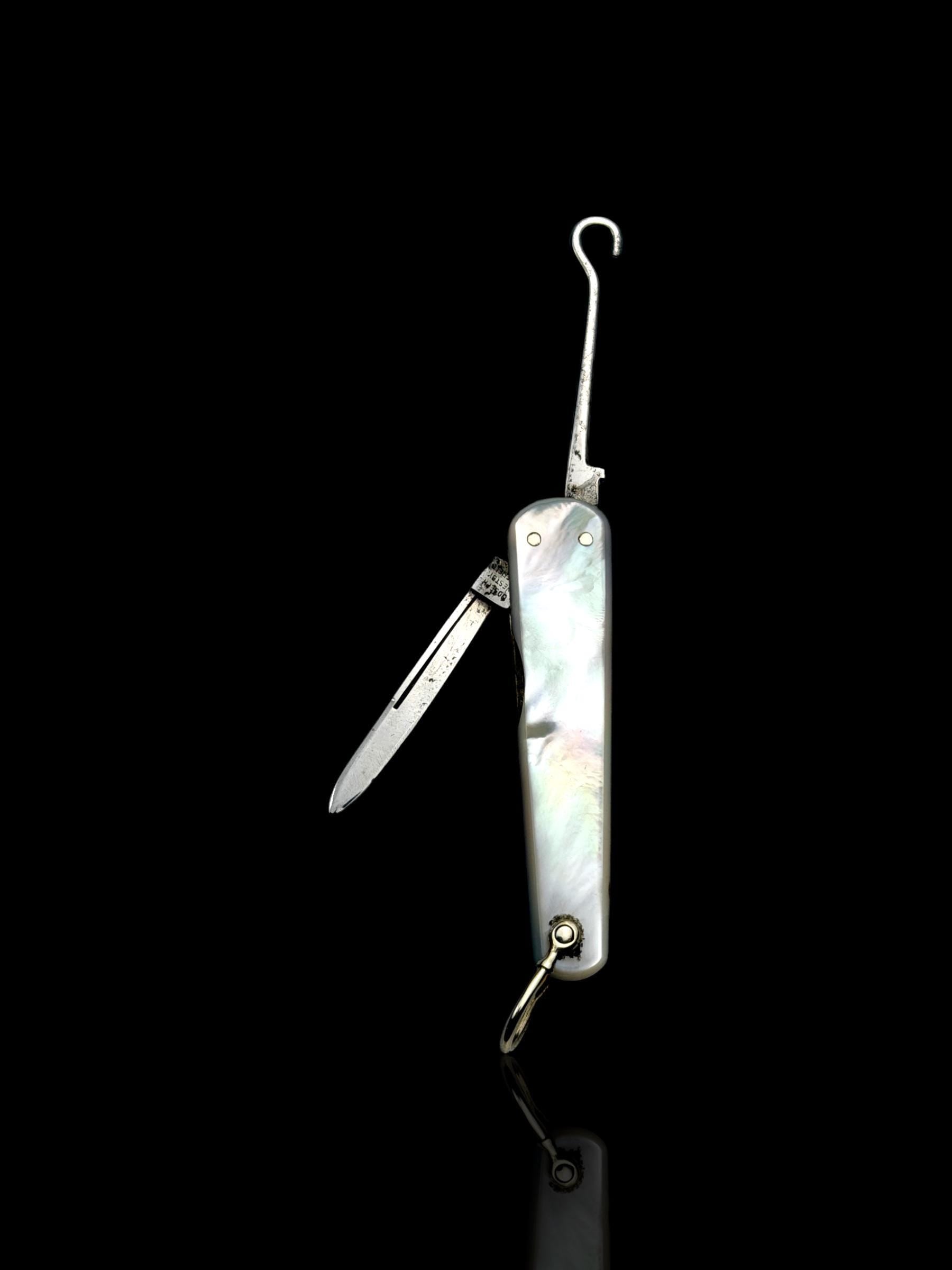 Vintage Pocket Knife Key Ring. Early 19th Century, Mother of Pearl and Steel.