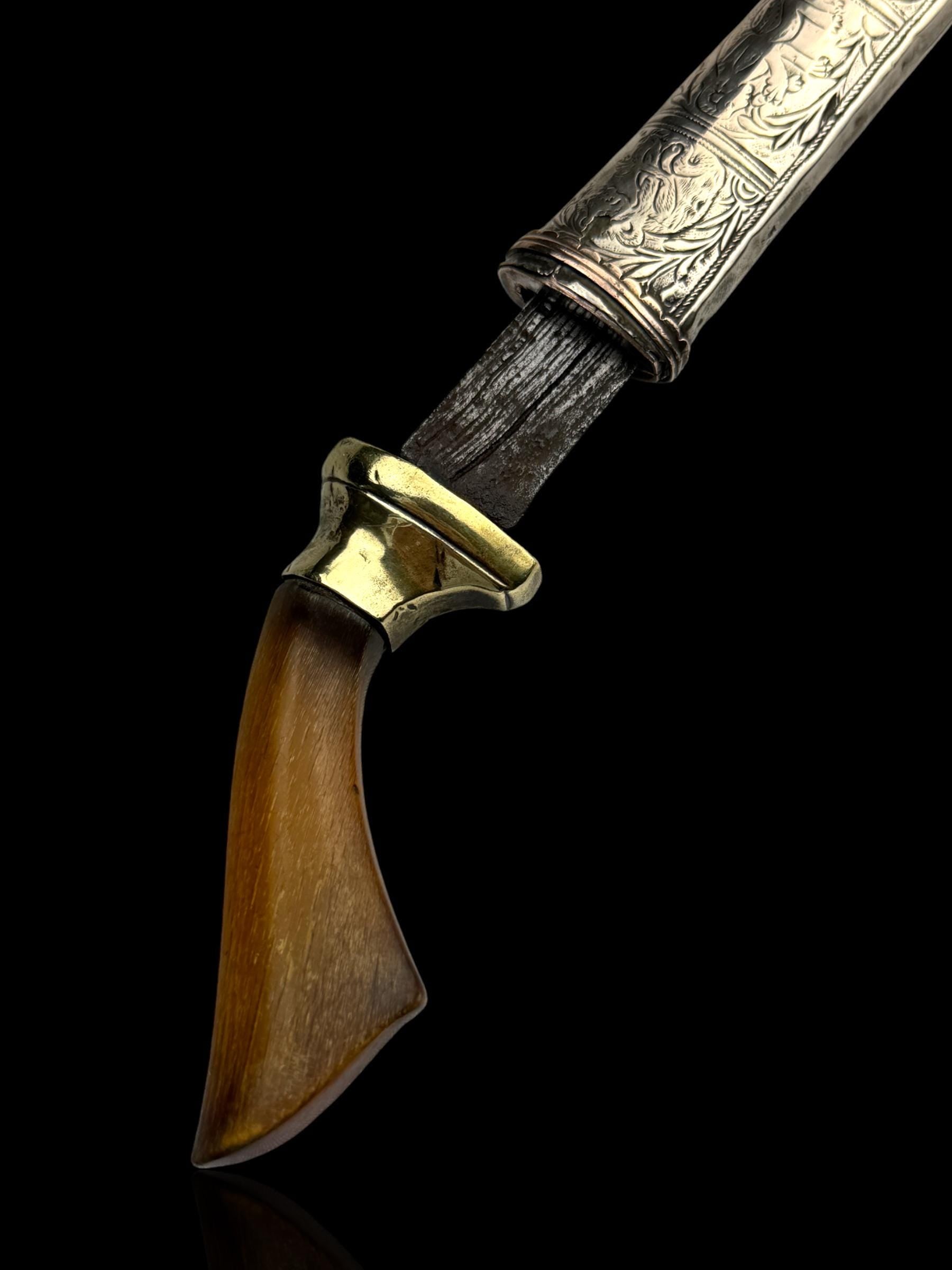 Antique Indian Horn-Handled Knife. Silver Sheath. Circa 1900.