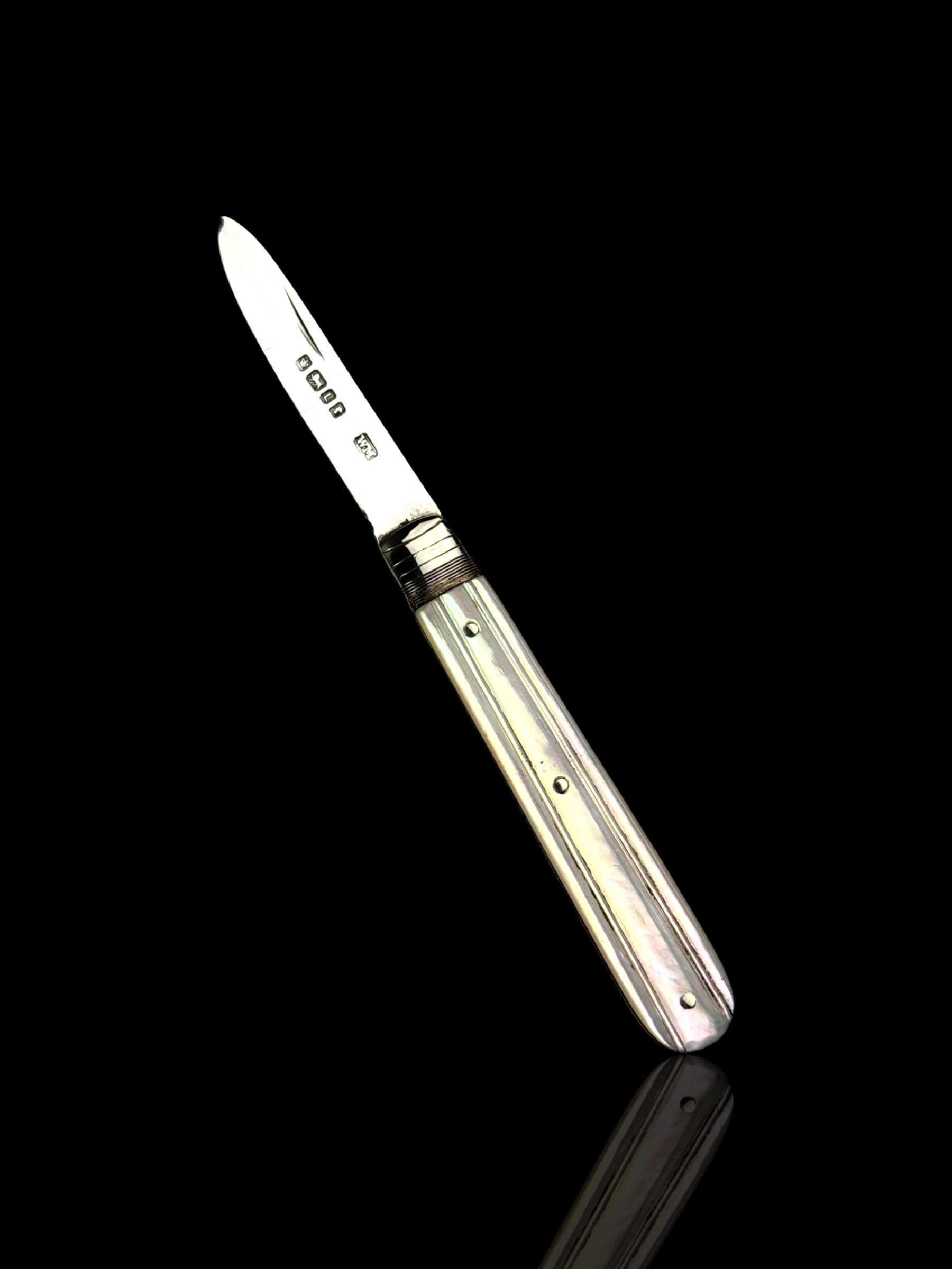 Antique Mother of Pearl and Sterling Silver Pocket Knife. 1878, William Moulson, England.