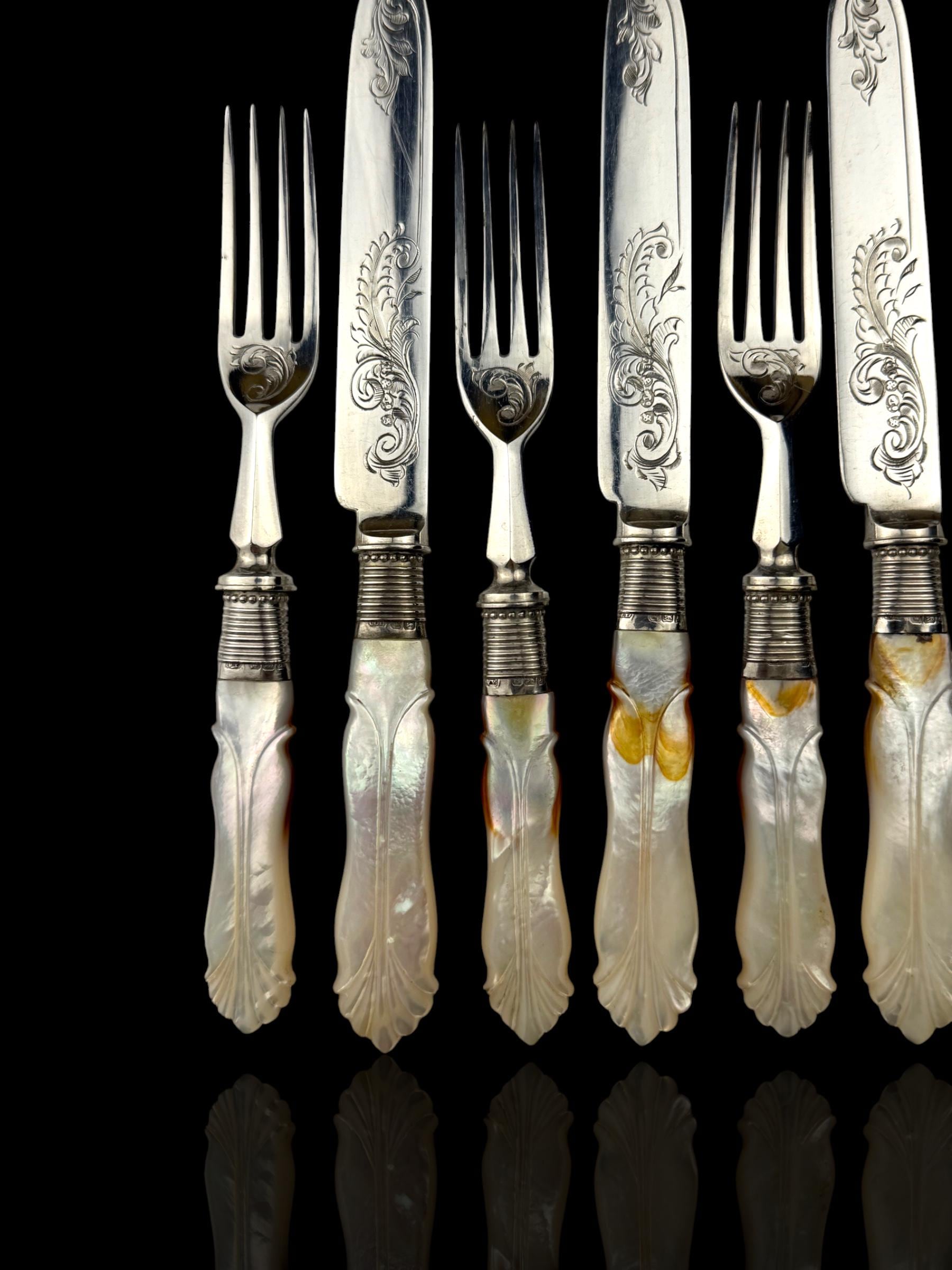Cutlery Set. Mother of Pearl and Silver Plate. Circa 1900.