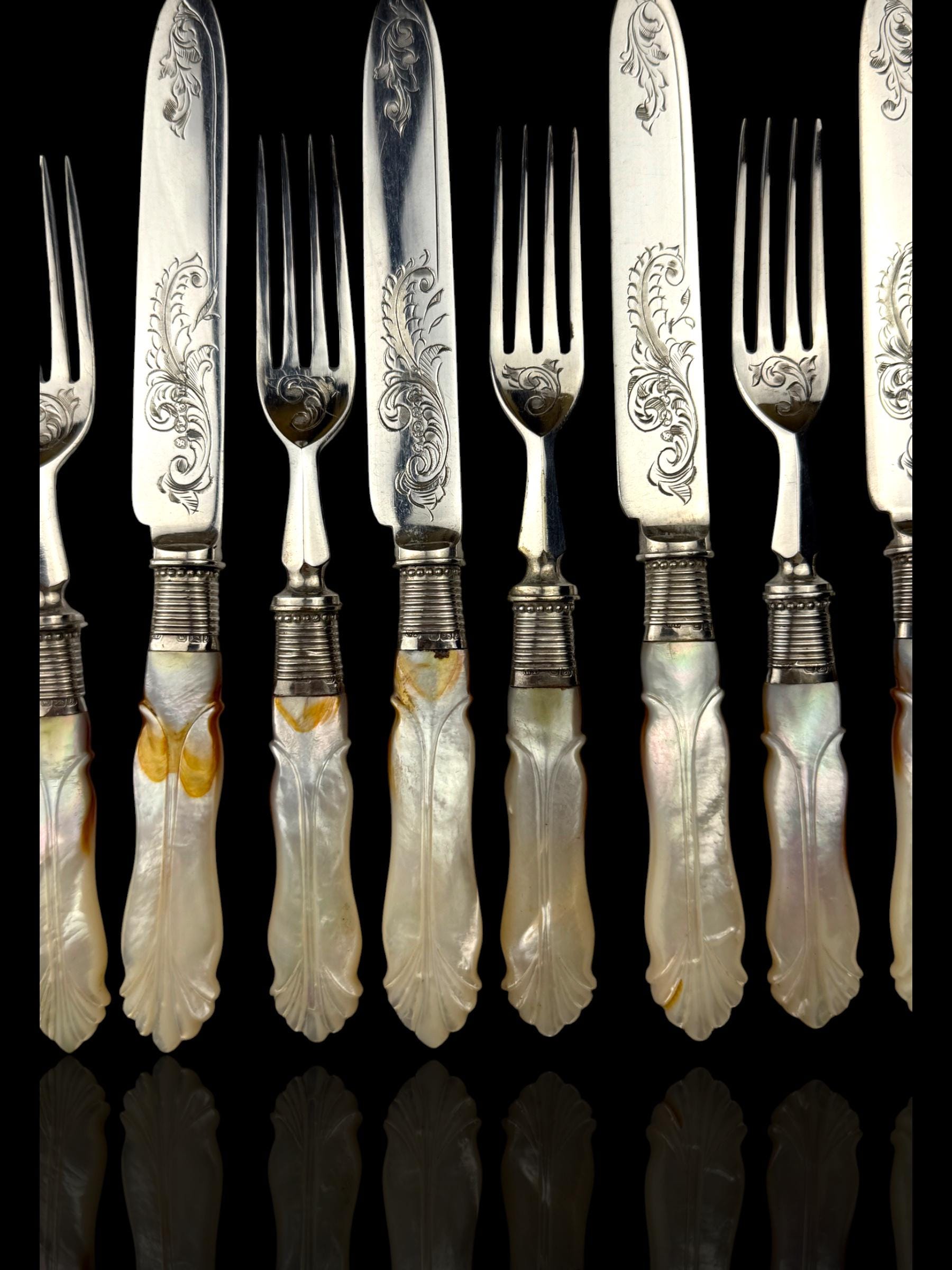 Cutlery Set. Mother of Pearl and Silver Plate. Circa 1900.