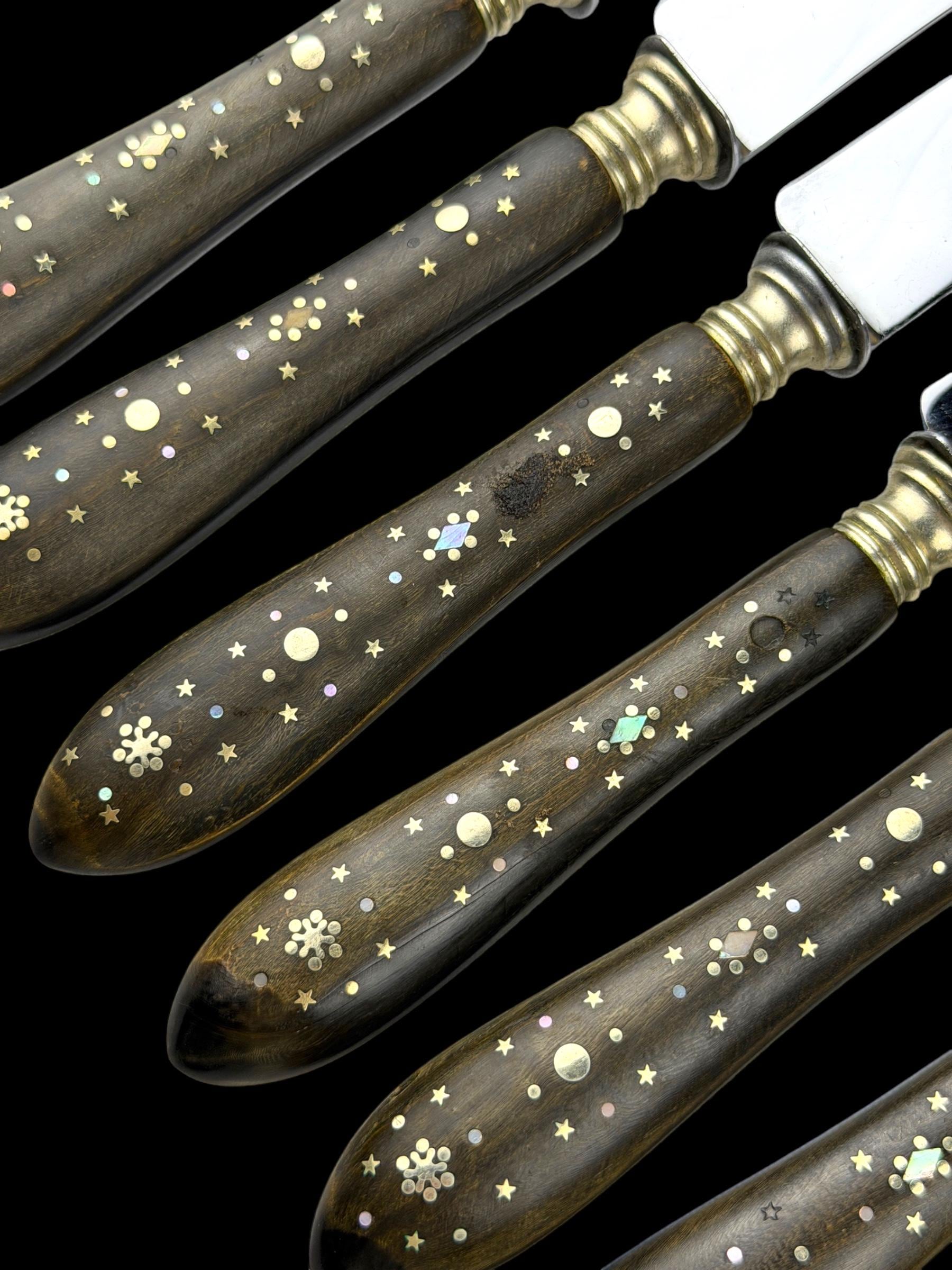 Antique French Ebony Knife Set. Ebony and Silver Plate. France, cira 1880-1910