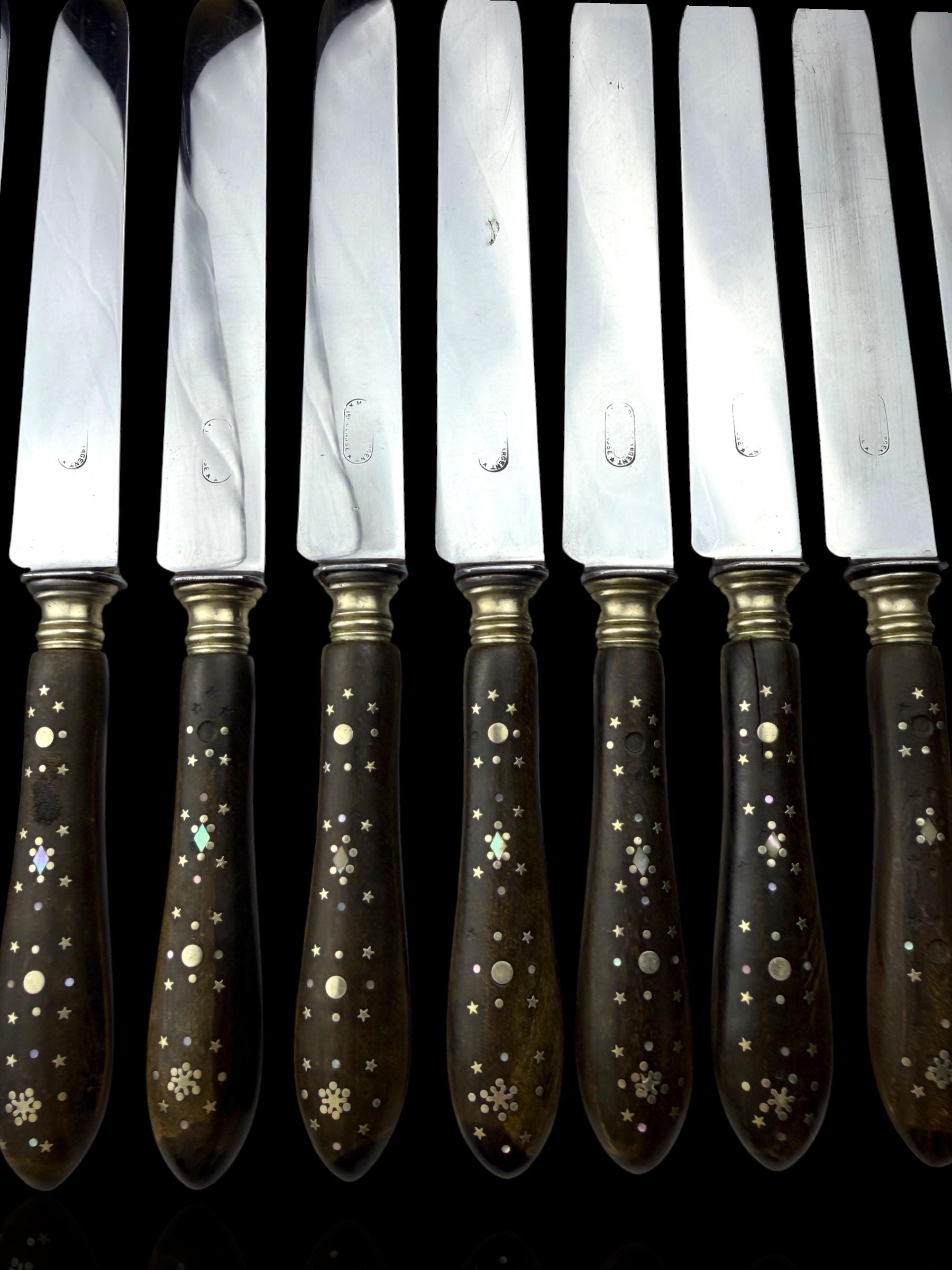 Antique French Ebony Knife Set. Ebony and Silver Plate. France, cira 1880-1910