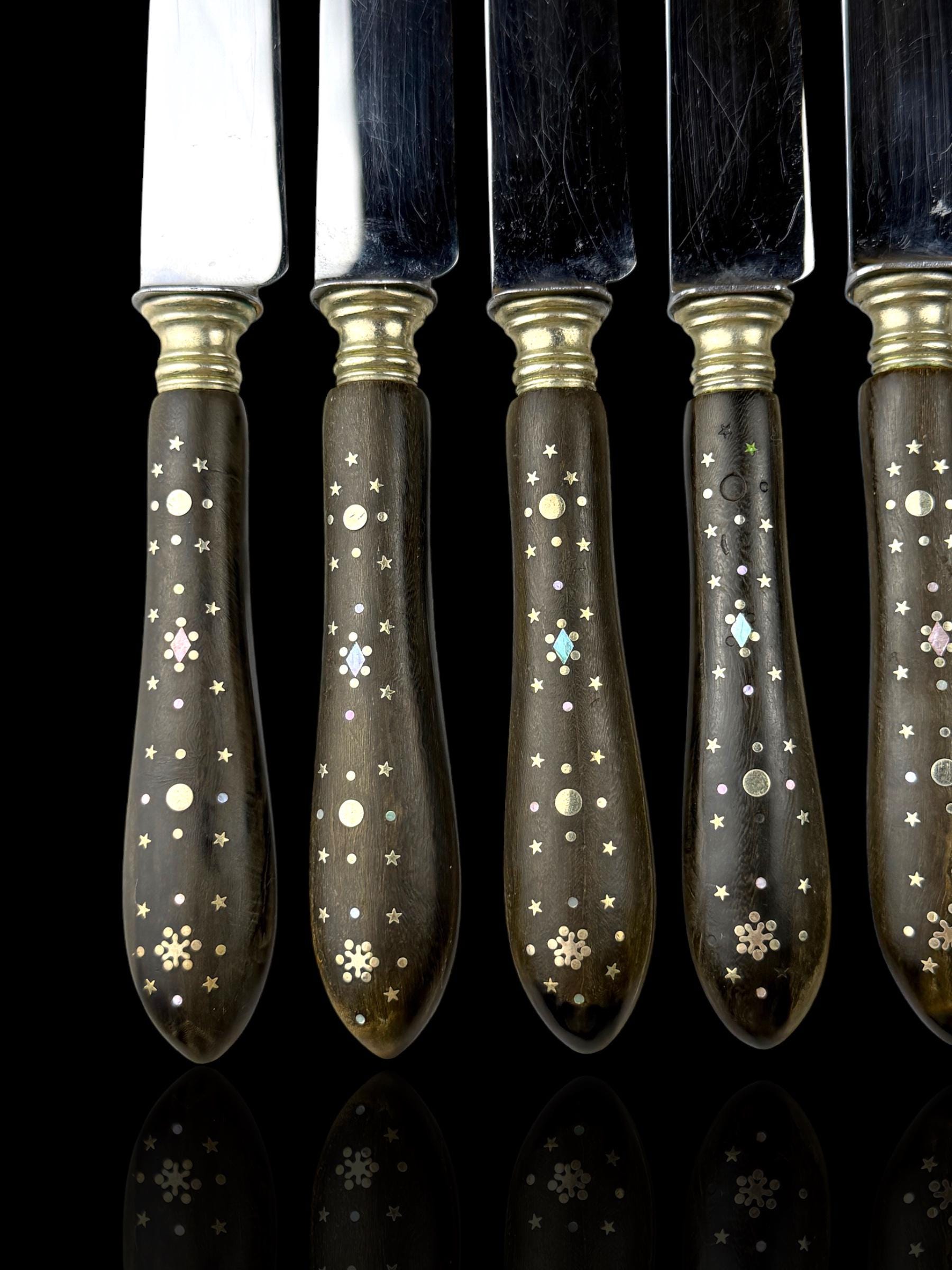 Antique French Ebony Knife Set. Ebony and Silver Plate. France, cira 1880-1910