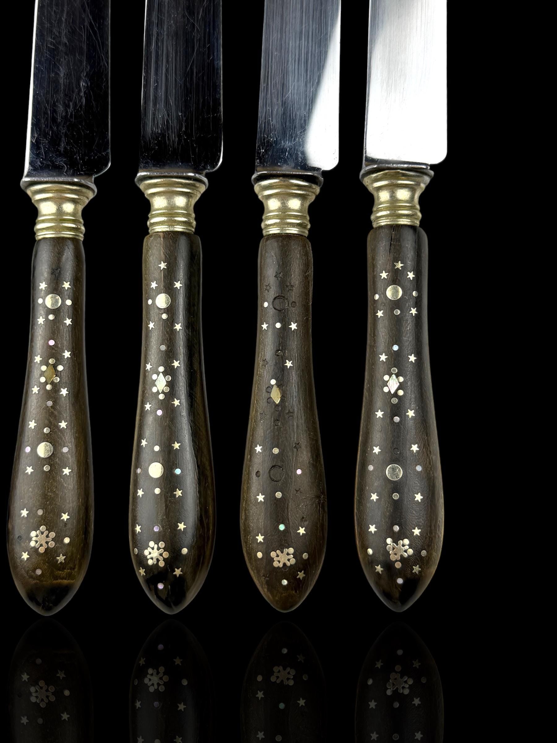 Antique French Ebony Knife Set. Ebony and Silver Plate. France, cira 1880-1910