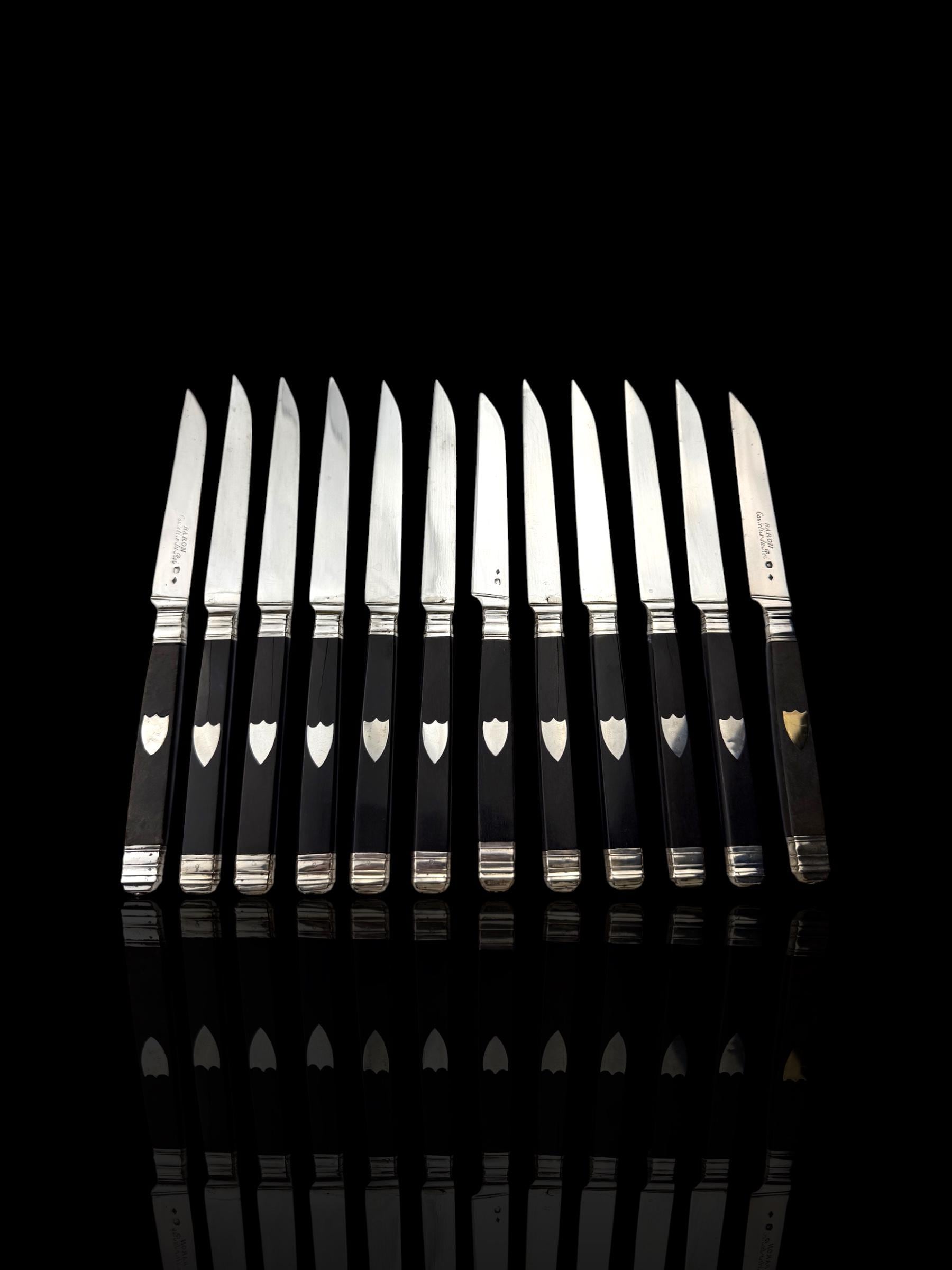 Antique French Ebony and Silver Knife Set. Circa 1830-50. Cased.