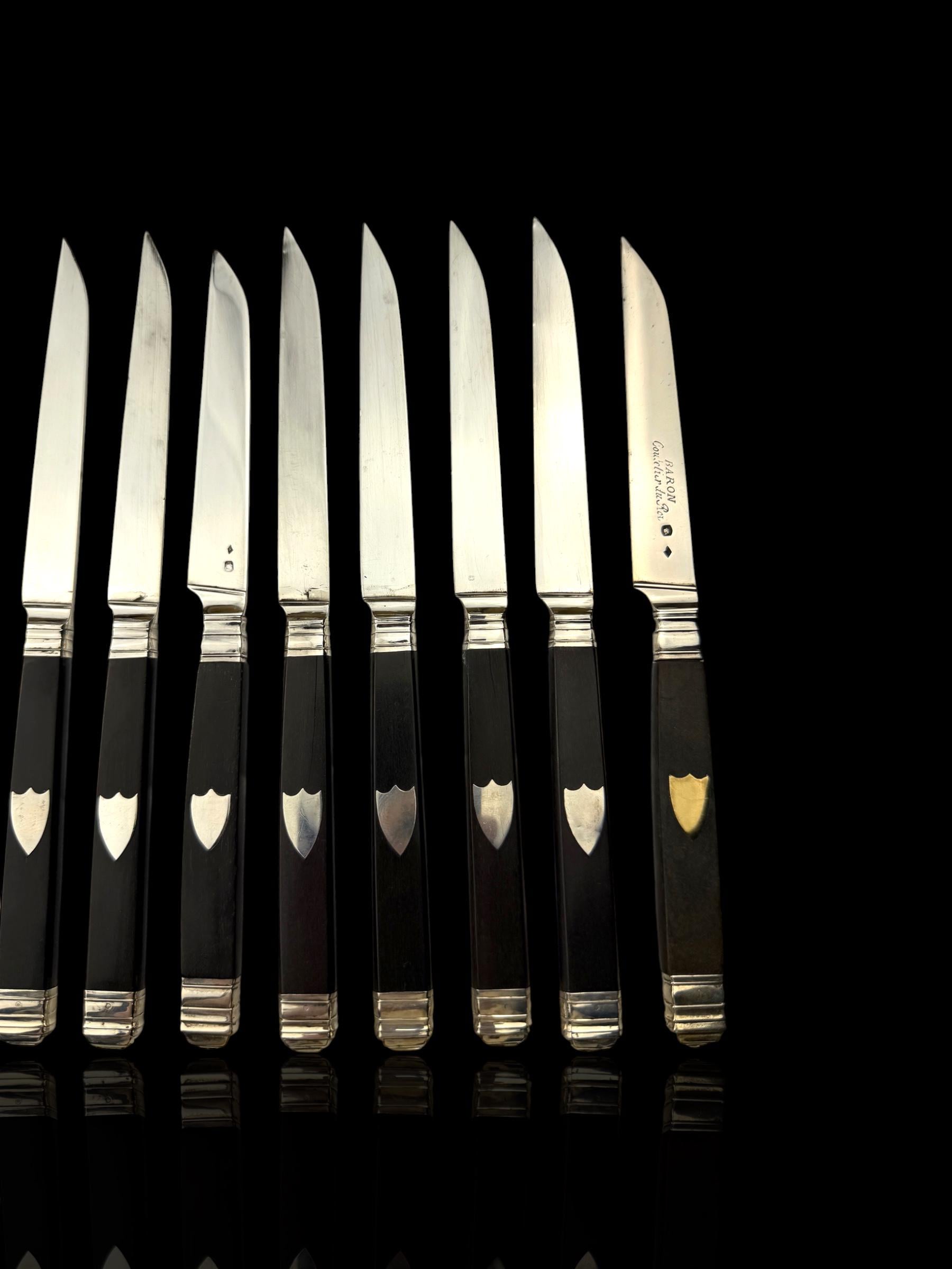 Antique French Ebony and Silver Knife Set. Circa 1830-50. Cased.