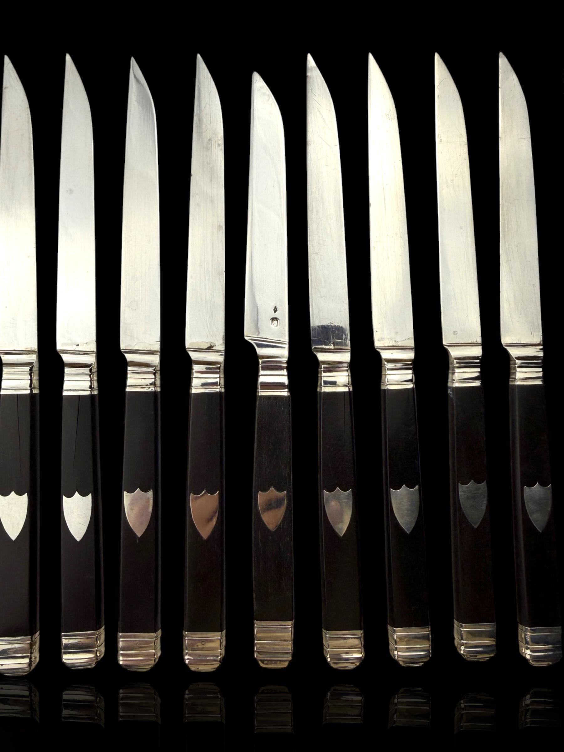 Antique French Ebony and Silver Knife Set. Circa 1830-50. Cased.