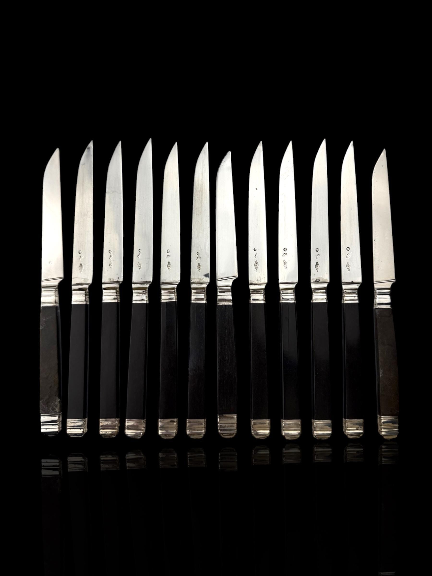 Antique French Ebony and Silver Knife Set. Circa 1830-50. Cased.