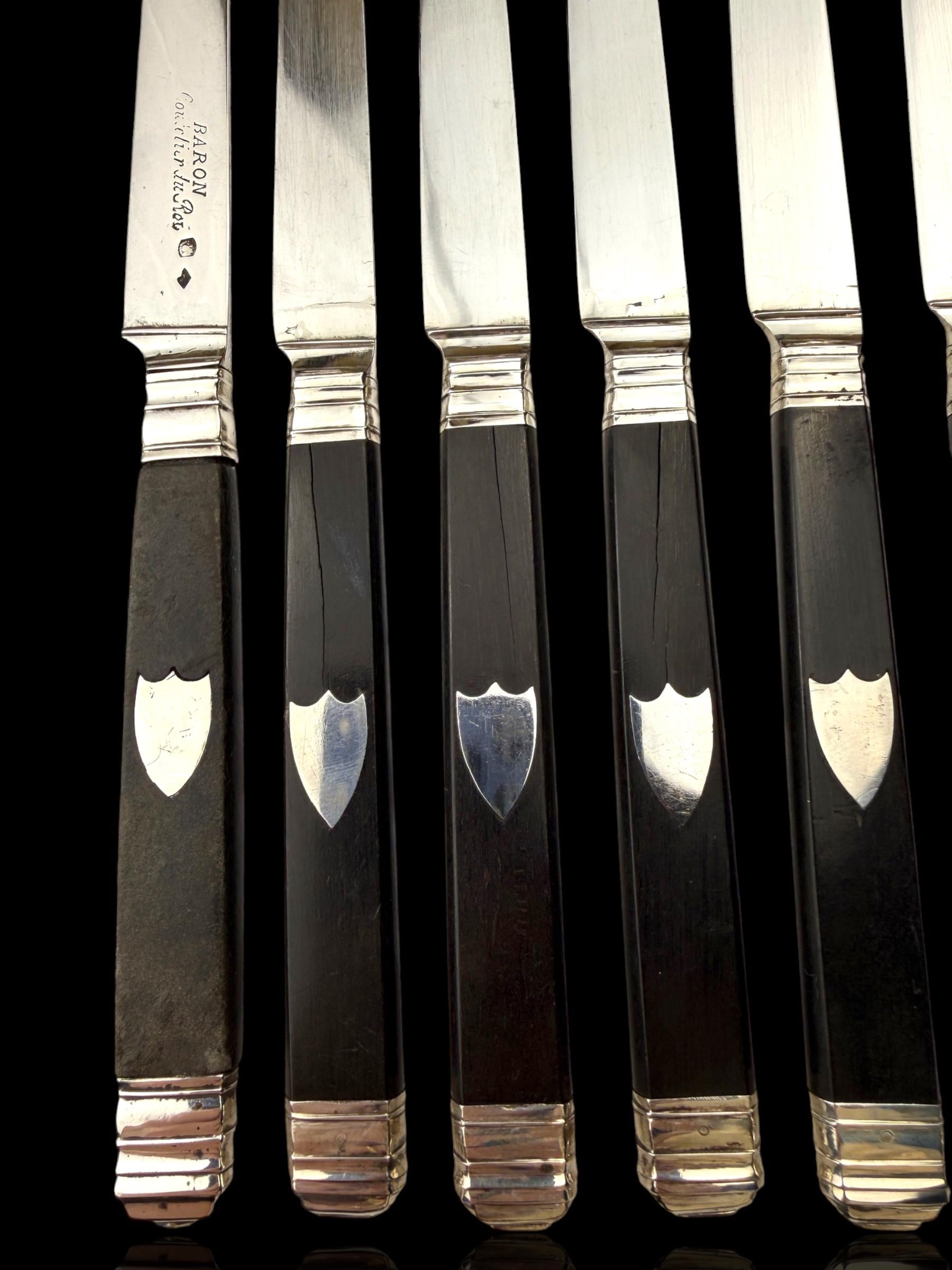 Antique French Ebony and Silver Knife Set. Circa 1830-50. Cased.